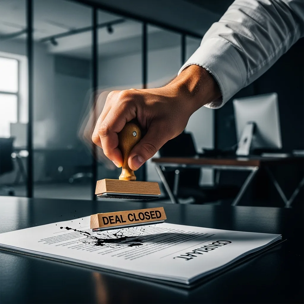 A hand decisively stamps a contract 'deal closed,' symbolizing the speed and mastery of a killer in business.