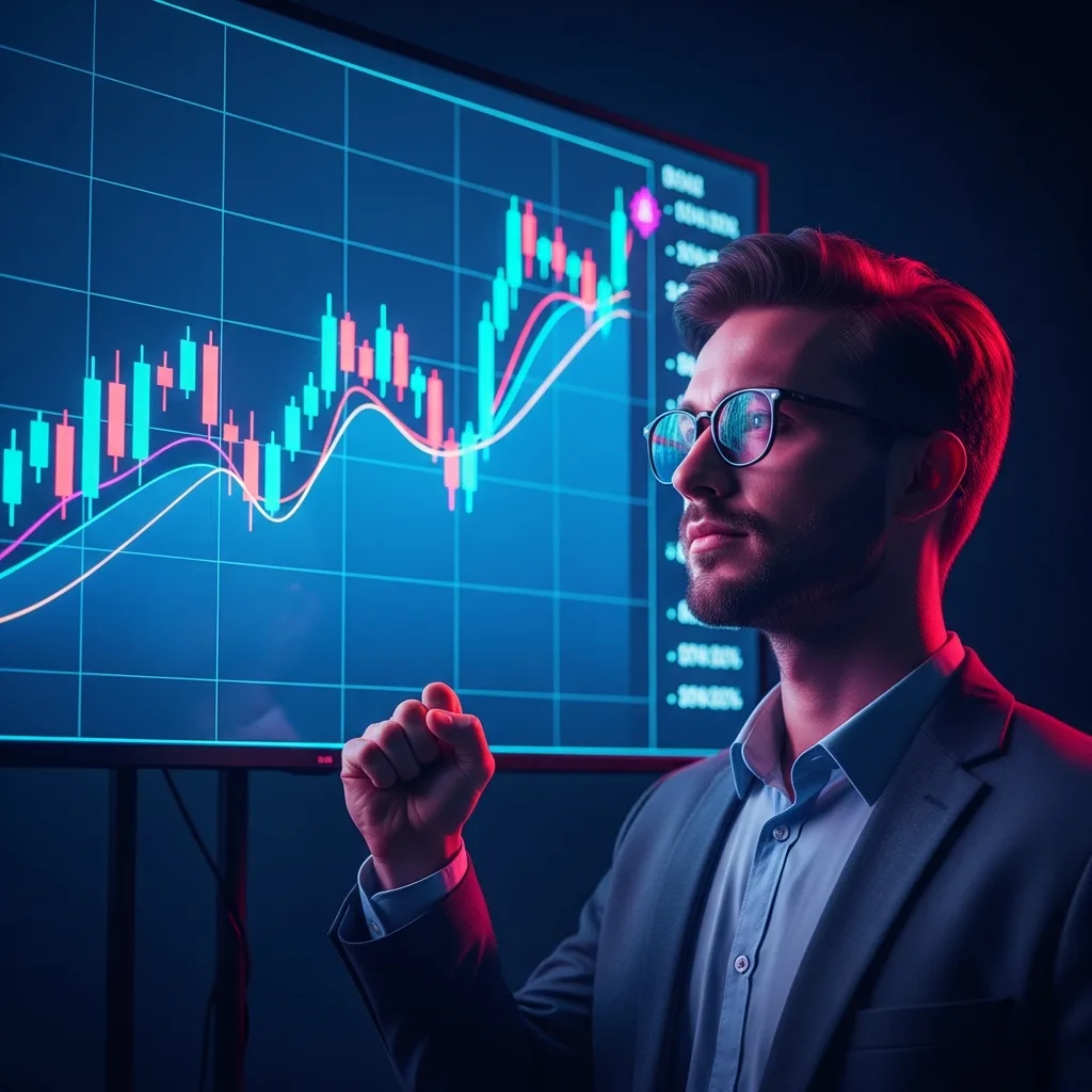 A founder smirks confidently at a rising growth chart on a neon-lit screen, celebrating a hard-won business victory.