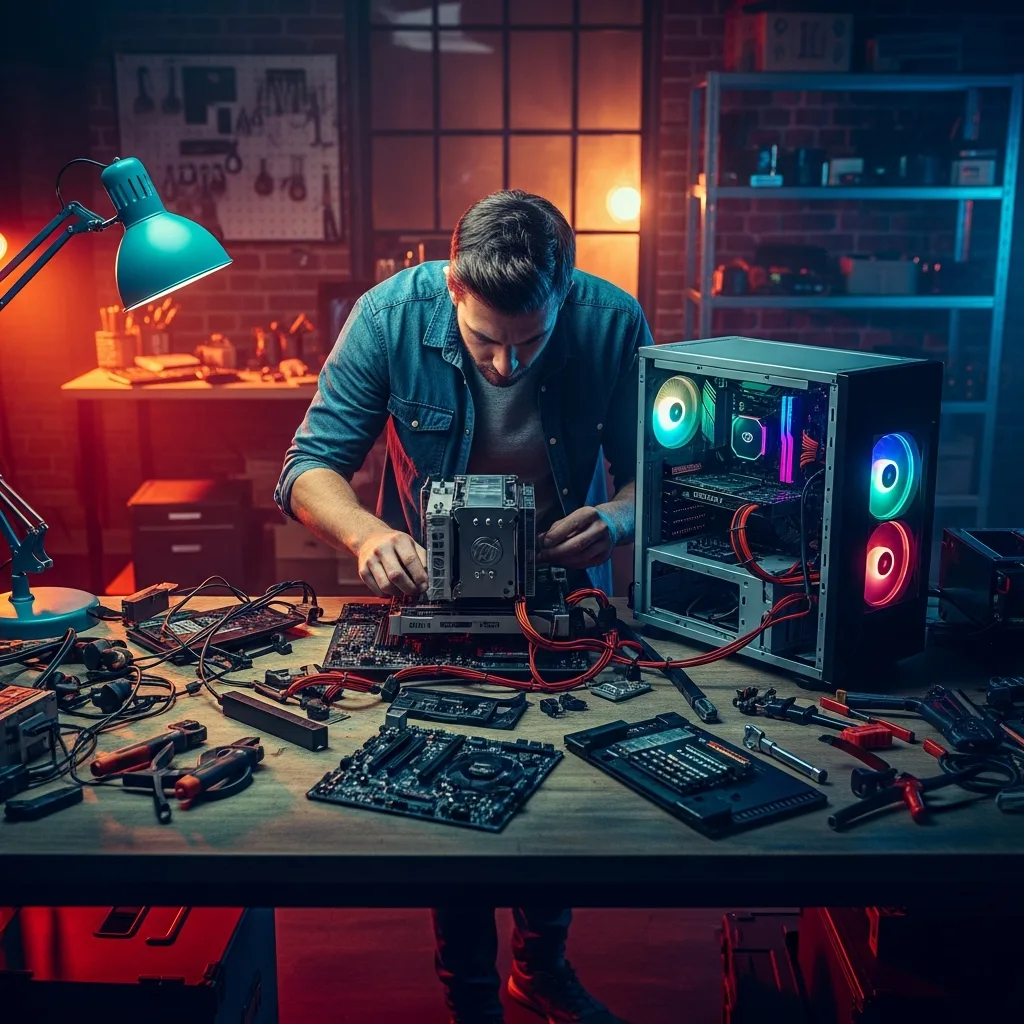 A determined entrepreneur building their own custom PC in a gritty workshop.