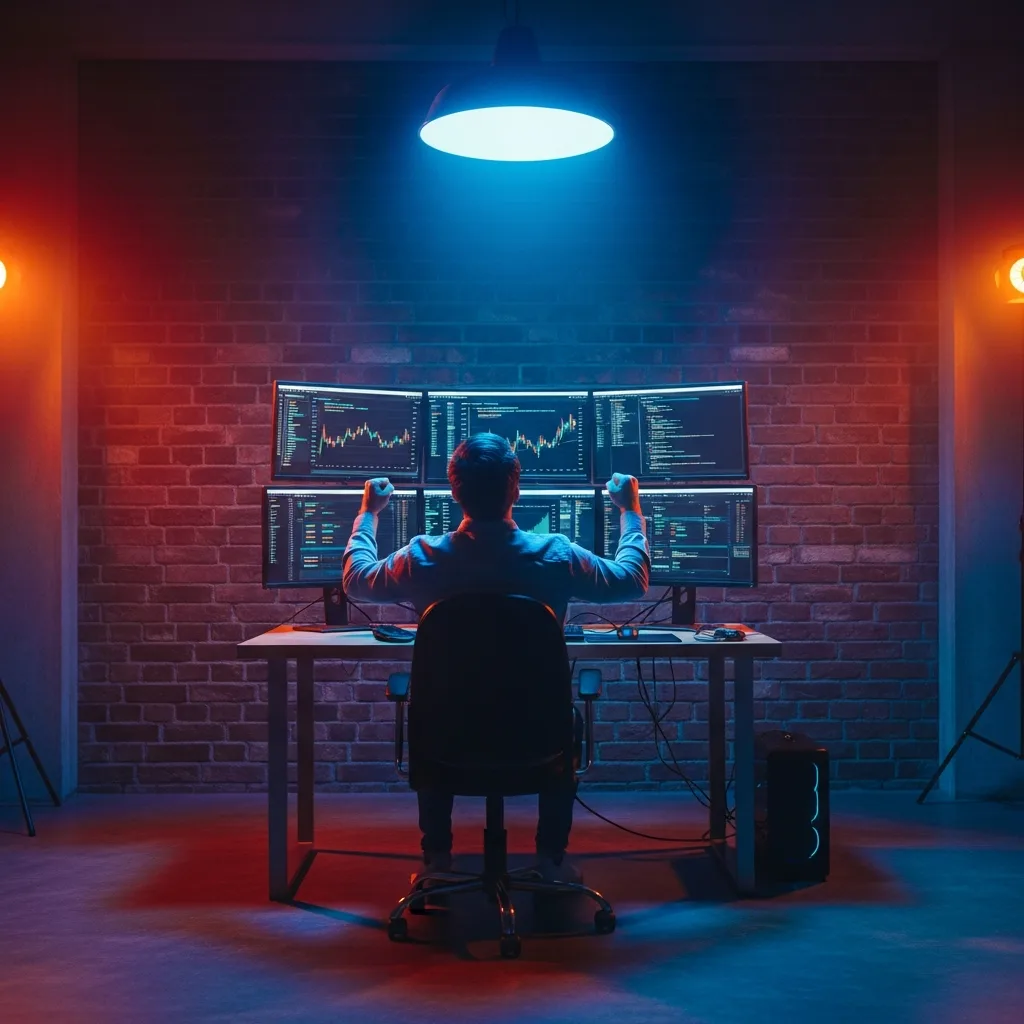 A successful hustler celebrating in front of their powerful, multi-monitor command center.