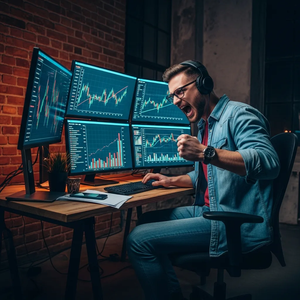 A creative hustler in their urban loft-style workspace at night, illuminated by the dramatic, bold colors of multiple computer screens showing financial growth charts.