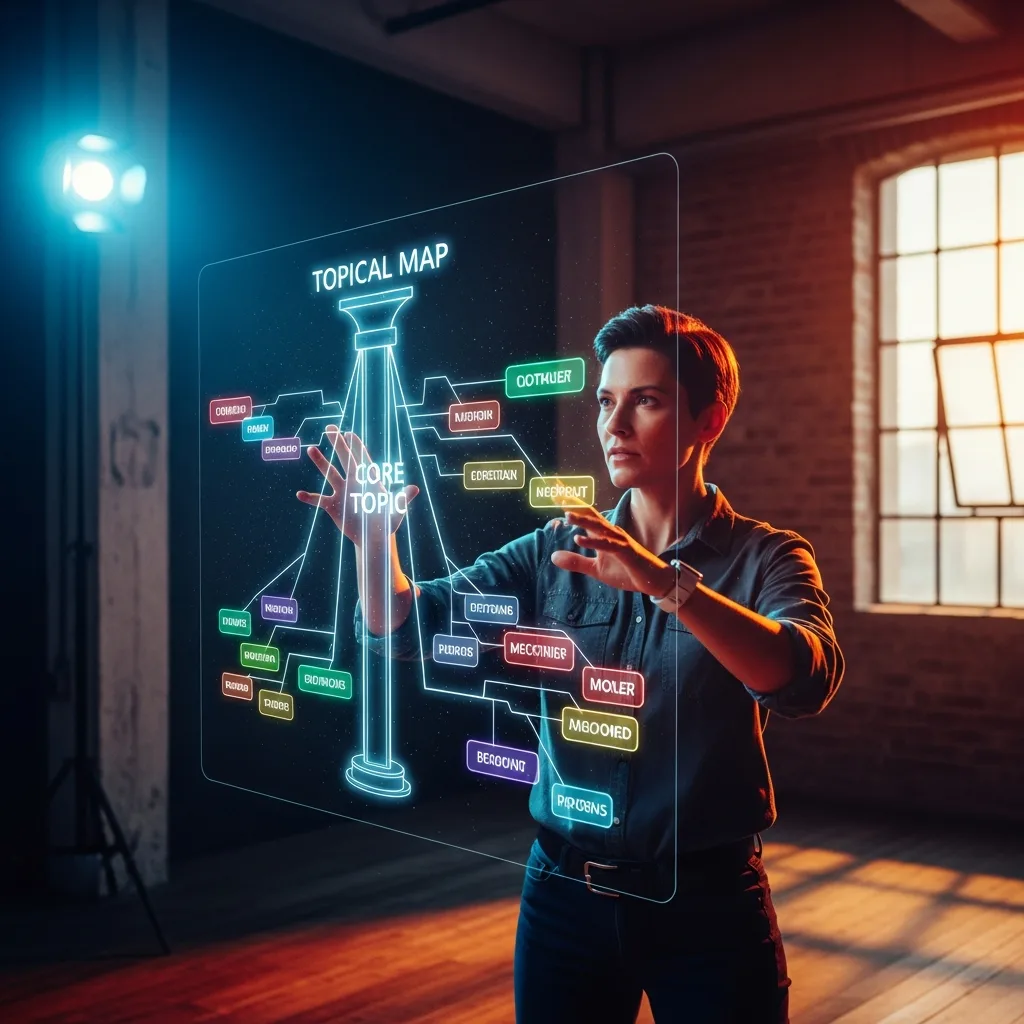 A marketer interacting with a holographic topical map blueprint.