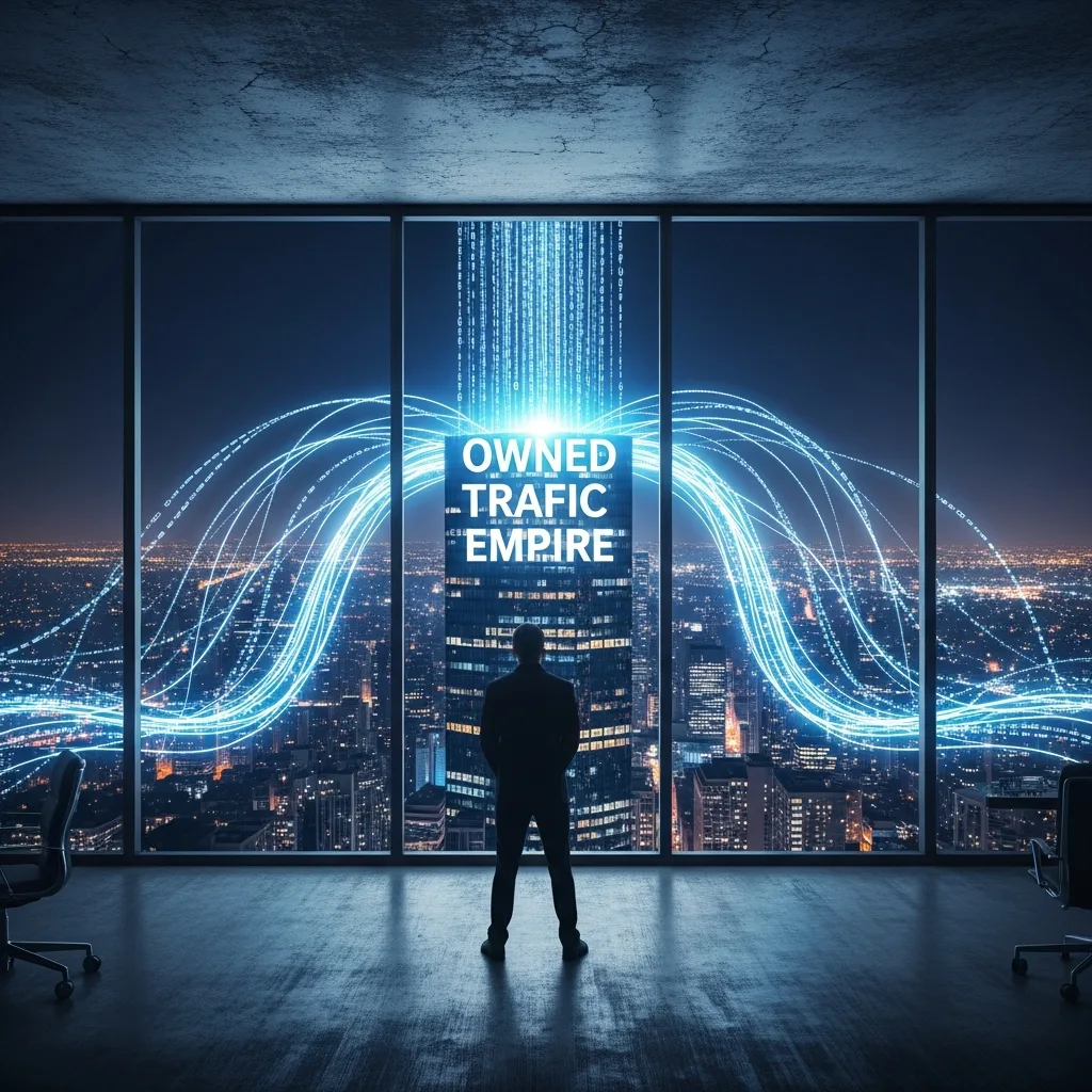 A figure in a high-tech office with data streams flowing in from the city, symbolizing owned traffic.