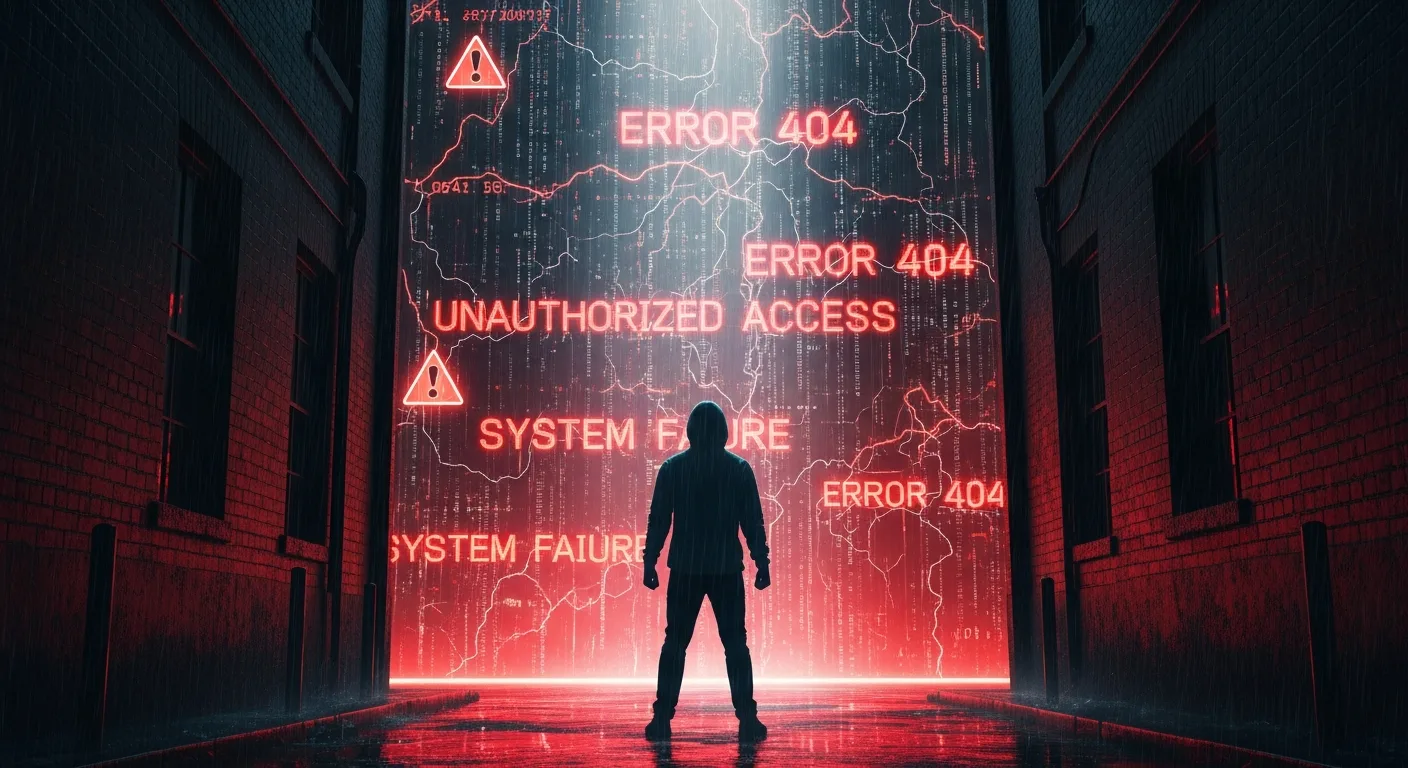 An entrepreneur stands defiantly in a gritty alley, facing a giant, crumbling wall of red digital error messages, representing the AdSense Apocalypse.