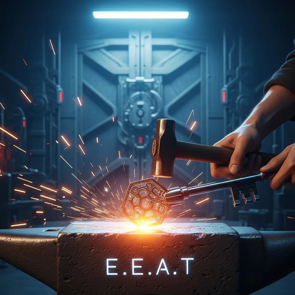 A close-up of hands forging a glowing key with the letters E-E-A-T, representing the key to AdSense approval.