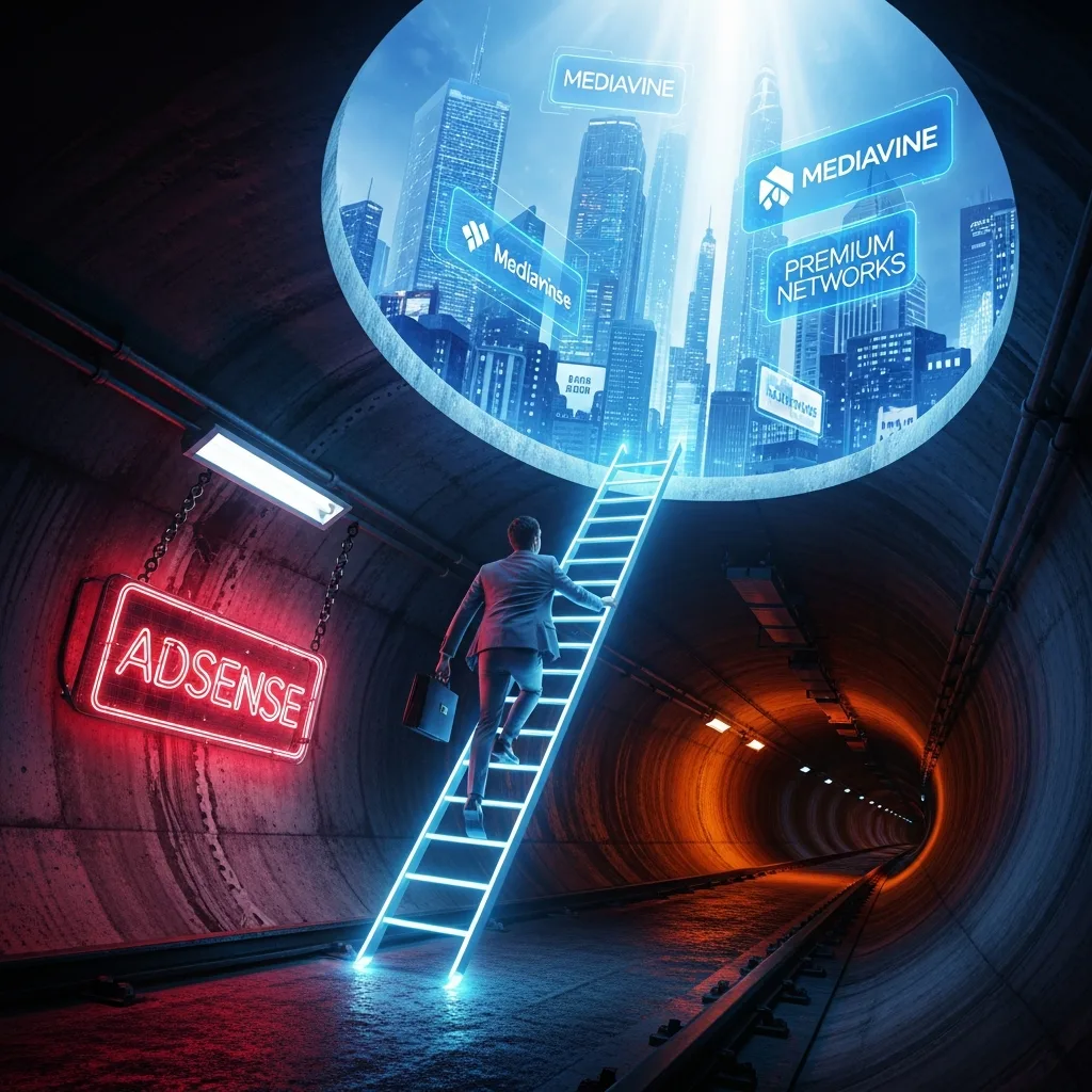 An entrepreneur climbs a glowing ladder out of a dark subway tunnel labeled 'AdSense' into a bright, futuristic city labeled 'Premium Networks'