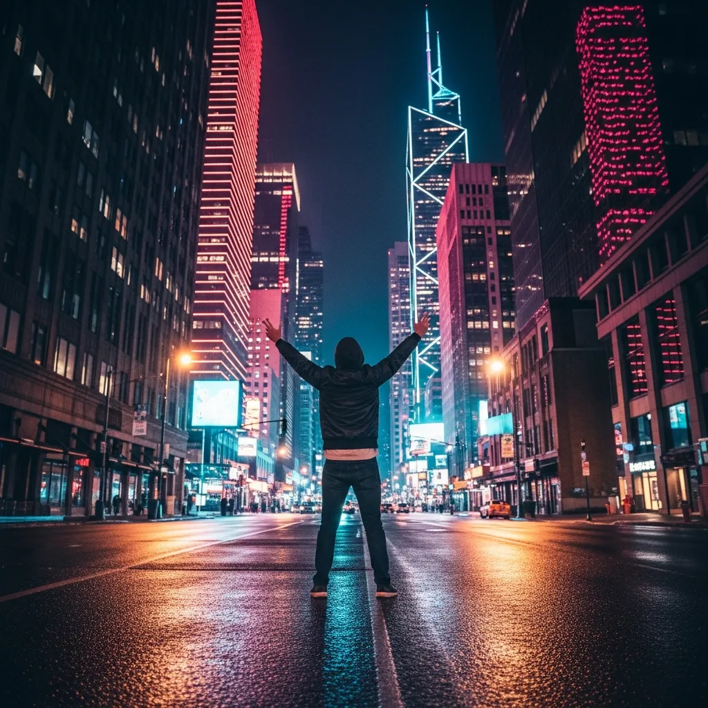 A person with arms raised in victory on a wet city street at night, surrounded by neon lights, celebrating the success of their side hustle.