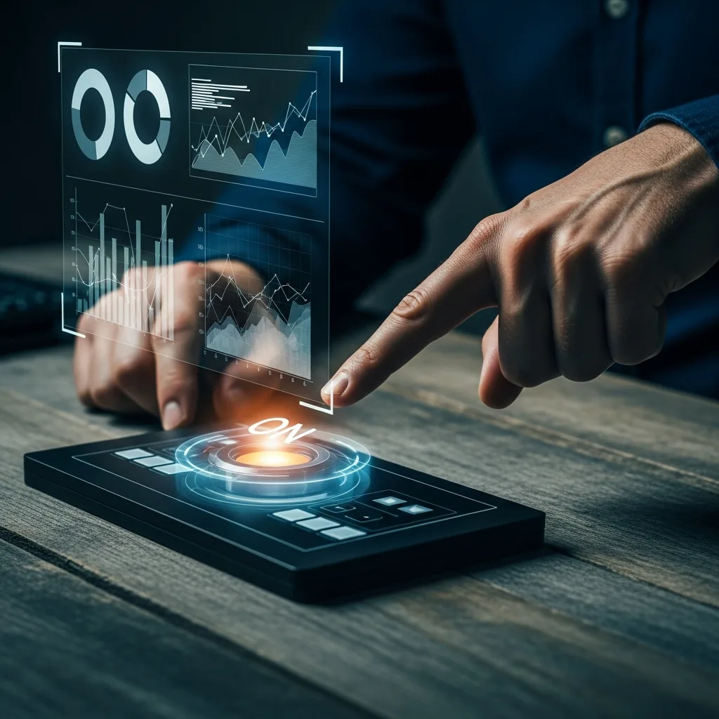 A close-up of hands pointing at a glowing ON button, with holographic charts, representing strategic focus.