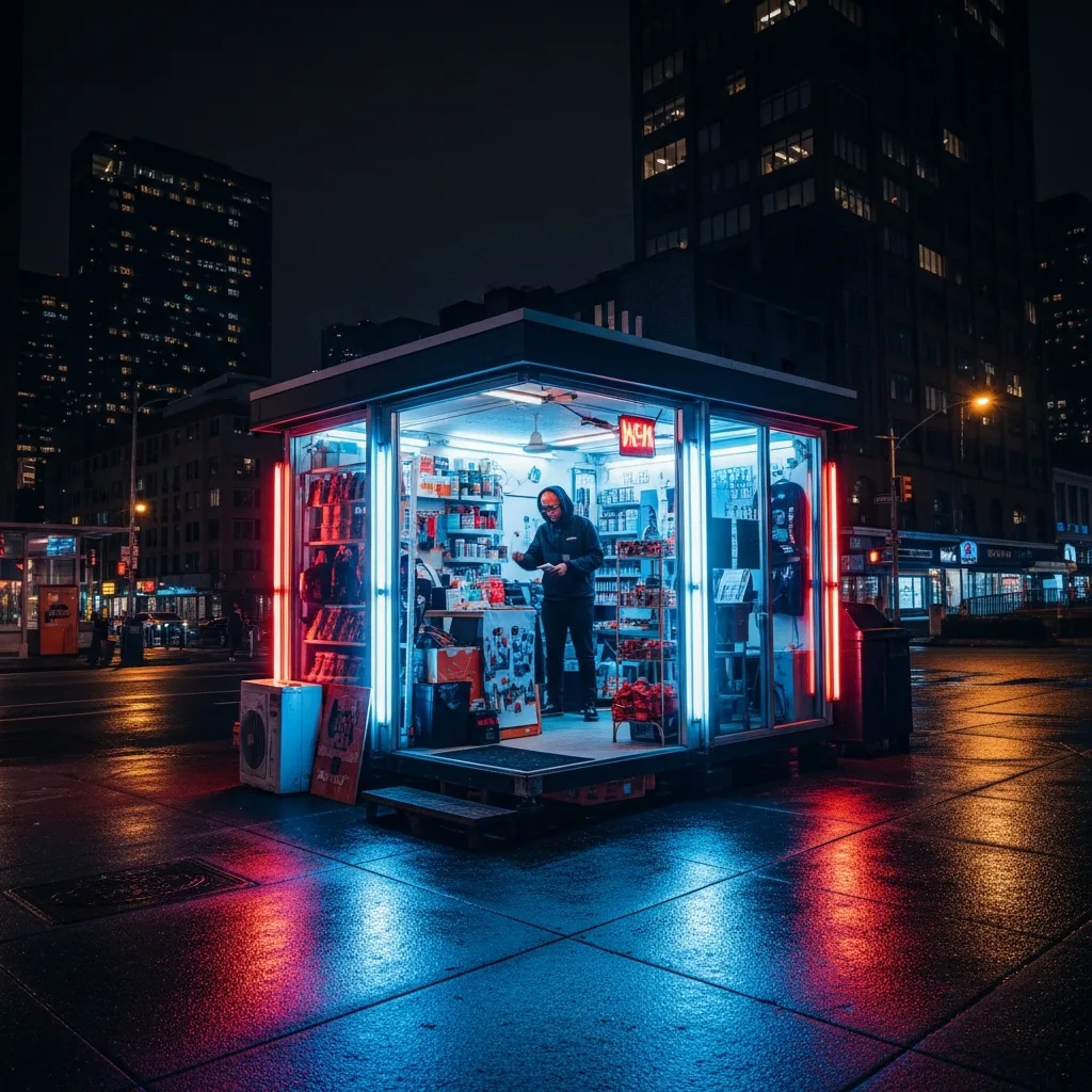 A small, vibrant pop-up shop thriving on a busy city street corner at night, celebrating a hustler's success.