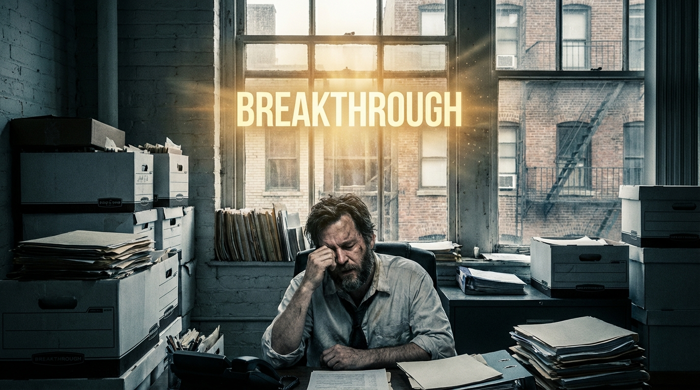 A tired professional looking at a mountain of paperwork, visualizing a breakthrough
