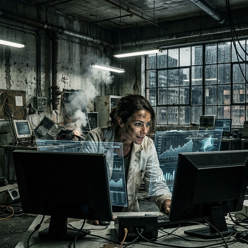 A scientist analyzing data from a failed experiment with curiosity, not despair