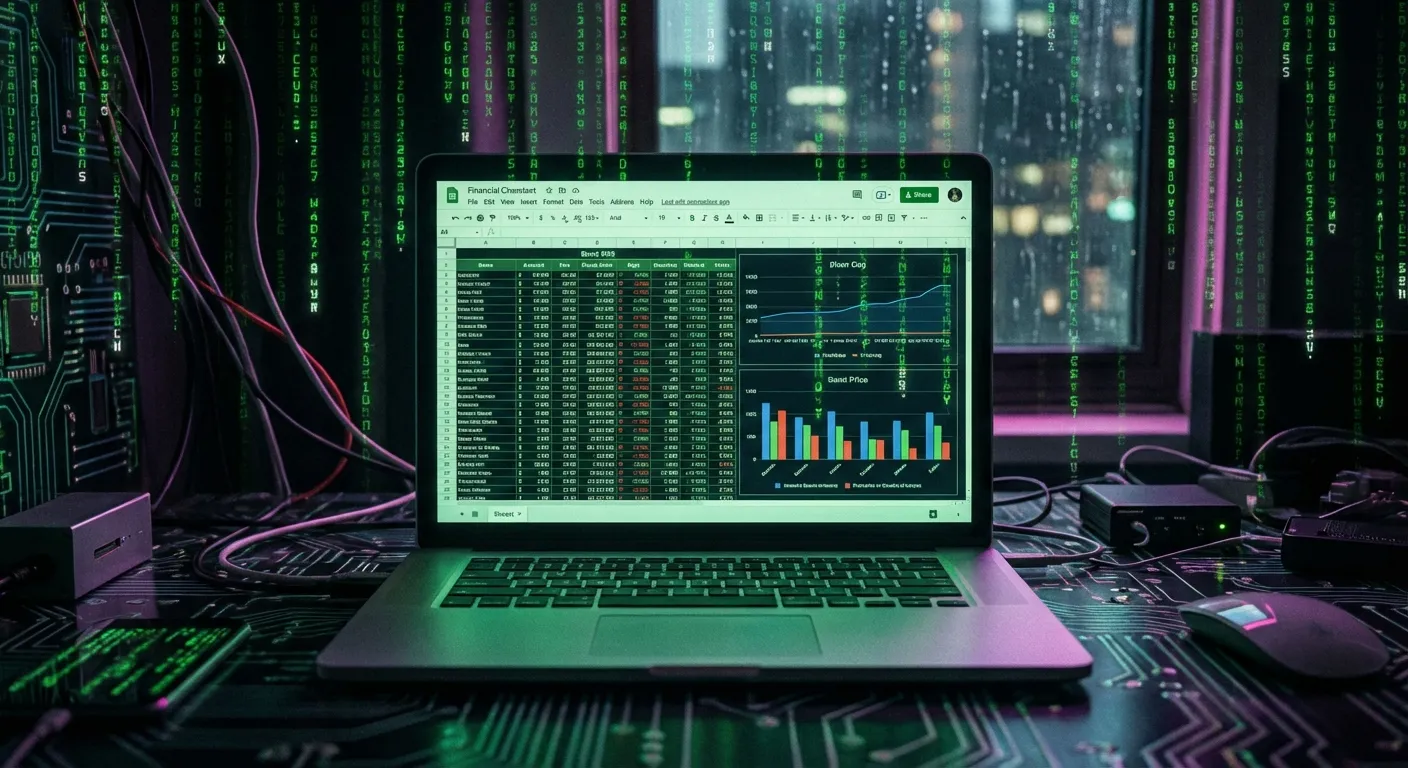 Google Sheet dashboard with cyberpunk matrix effect