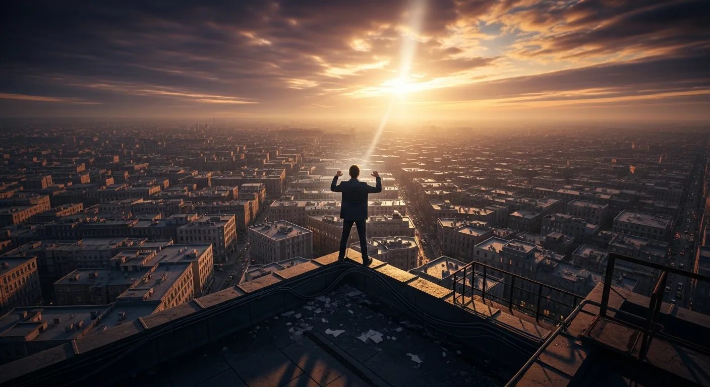 Epic cinematic wide shot of a lone entrepreneur on a gritty urban rooftop at dawn, looking out over a complex, maze-like city, conveying a motivational vibe of conquering overwhelm.