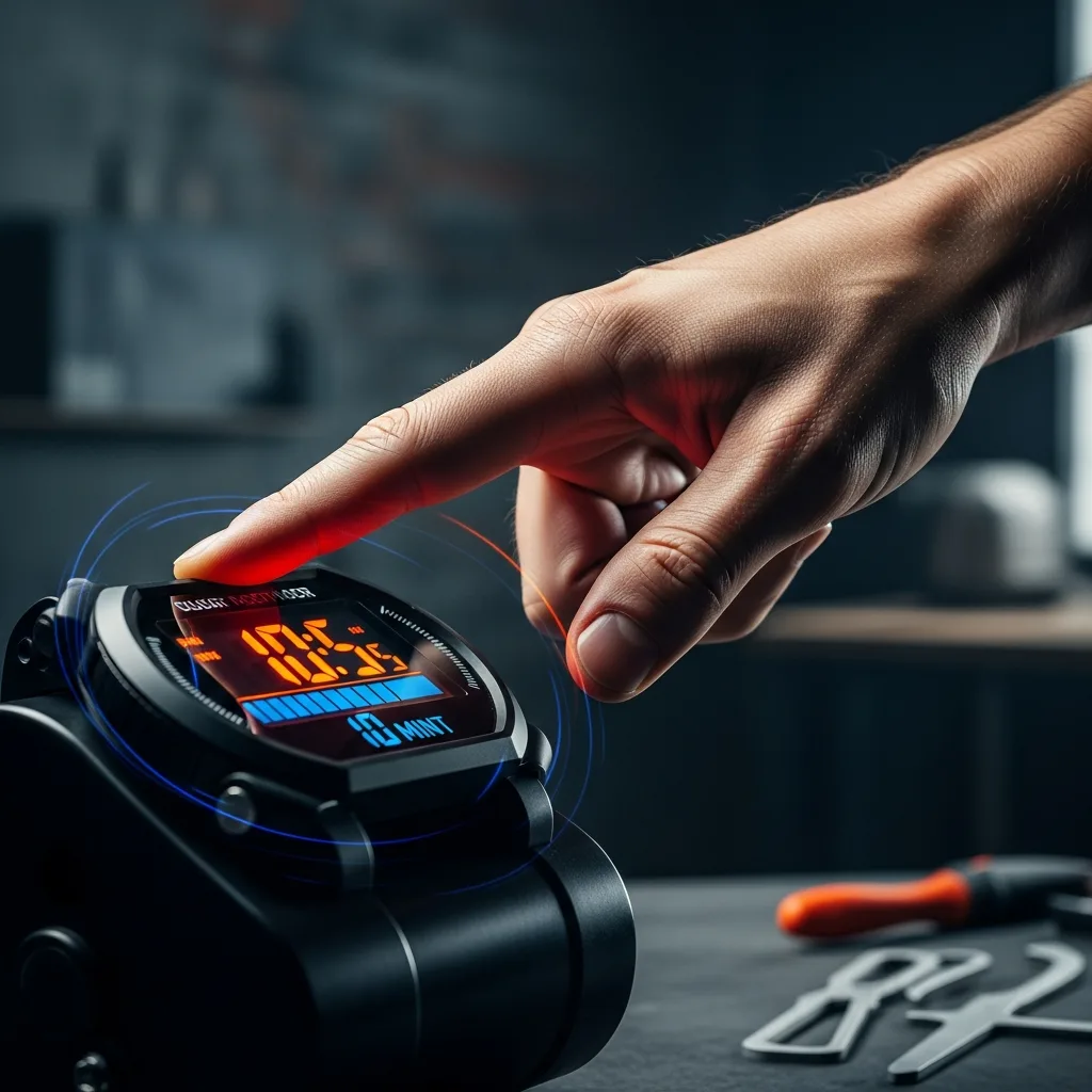 High-energy cinematic close-up on a hand aggressively setting a 10-minute timer on a stopwatch against a backdrop of a dark, gritty urban workspace.