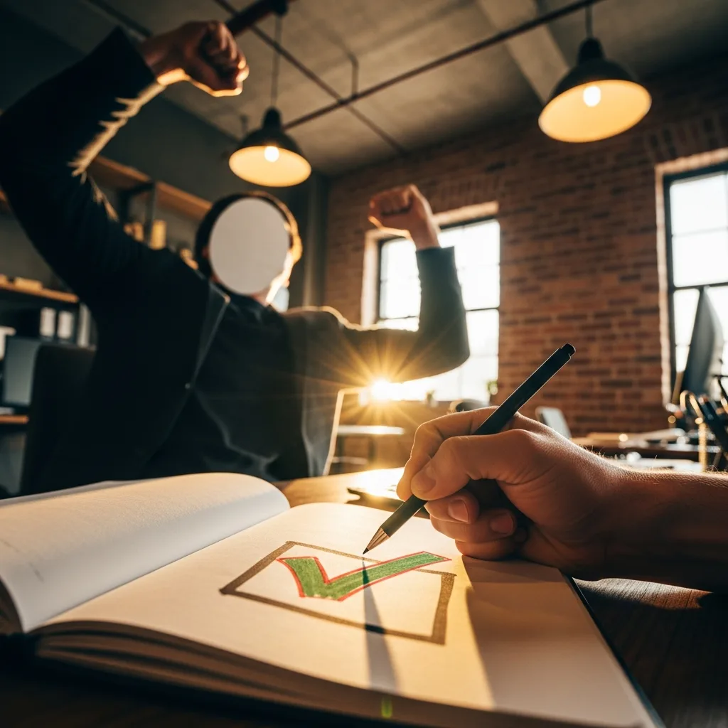 Triumphant, motivational low-angle shot of a person pumping their fist in victory at a desk, with focus on a notebook with a bold checkmark.