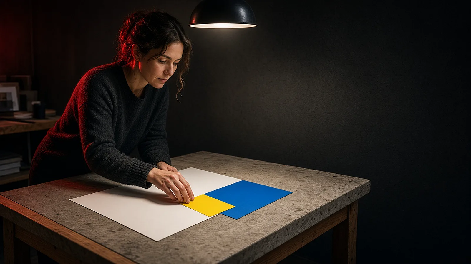 A woman at a studio table arranges three solid color cards, mostly off-white with blue and a small yellow piece