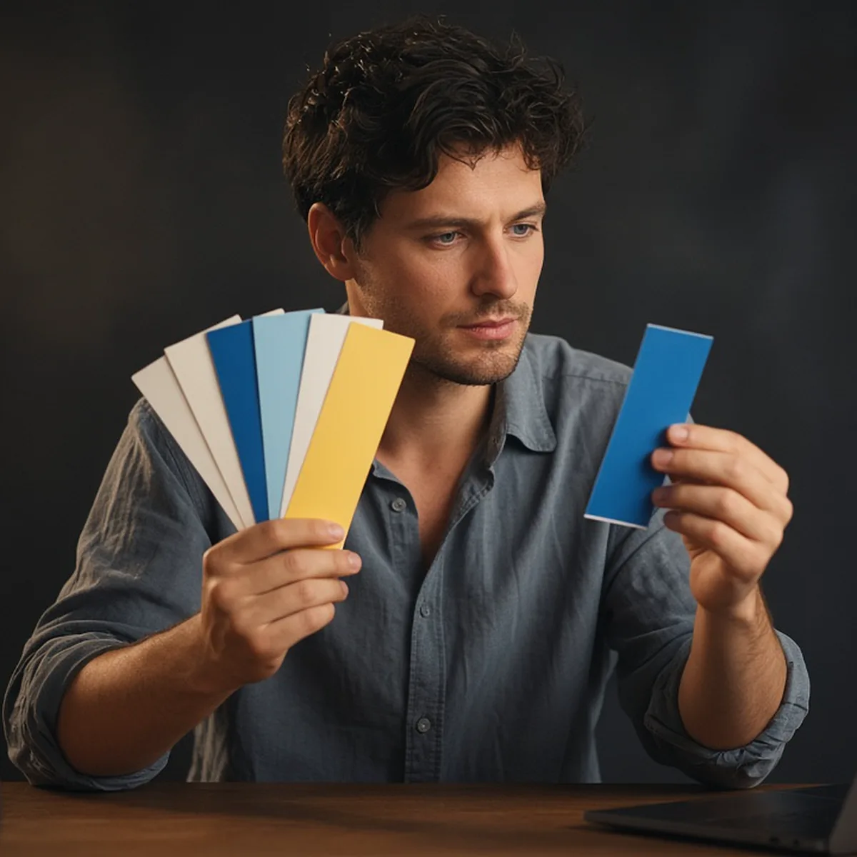 A man at a desk holds a fan of plain color swatch strips towards himself while choosing one