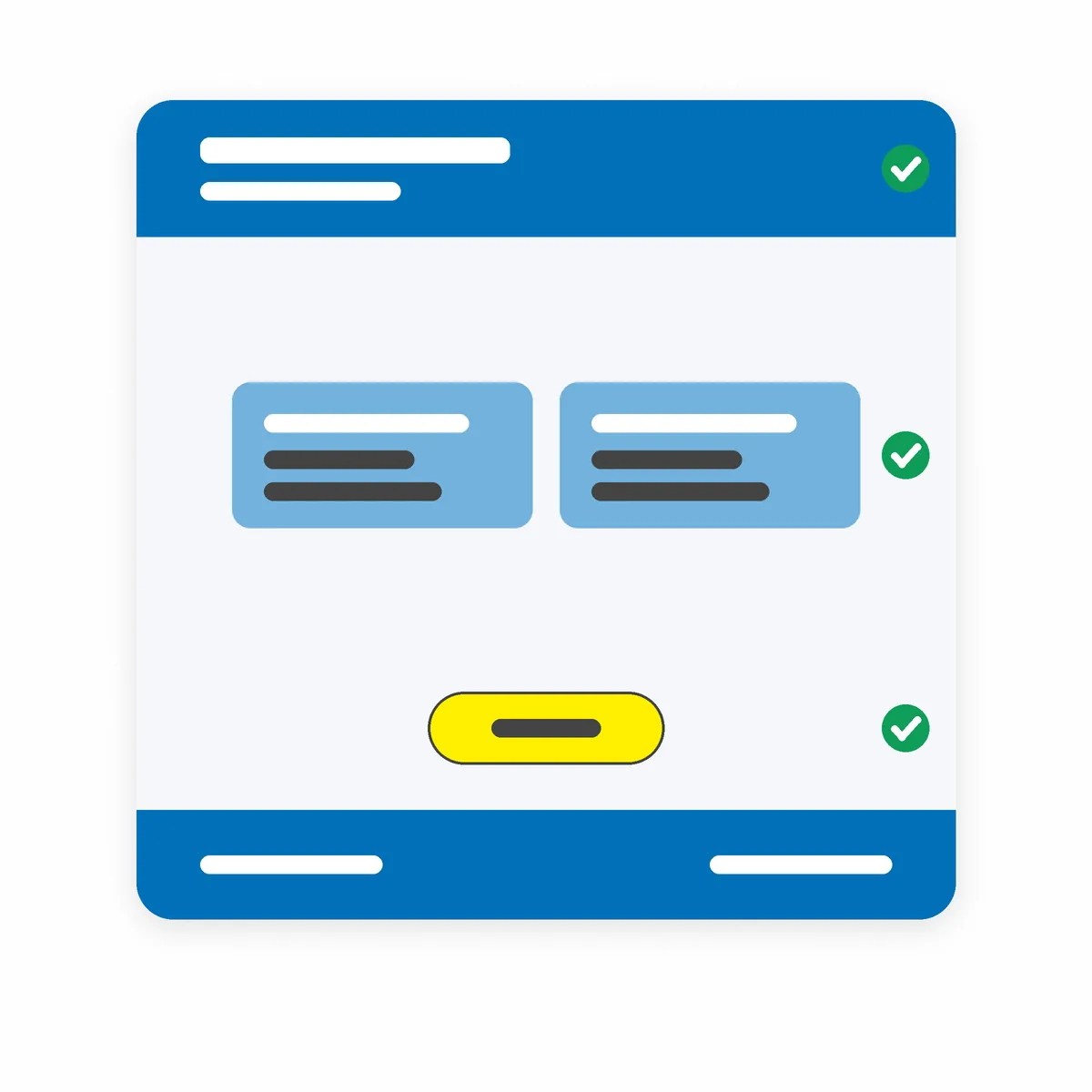 A simple web page sketch with a blue header and footer, light blue cards, a yellow button and green tick marks.