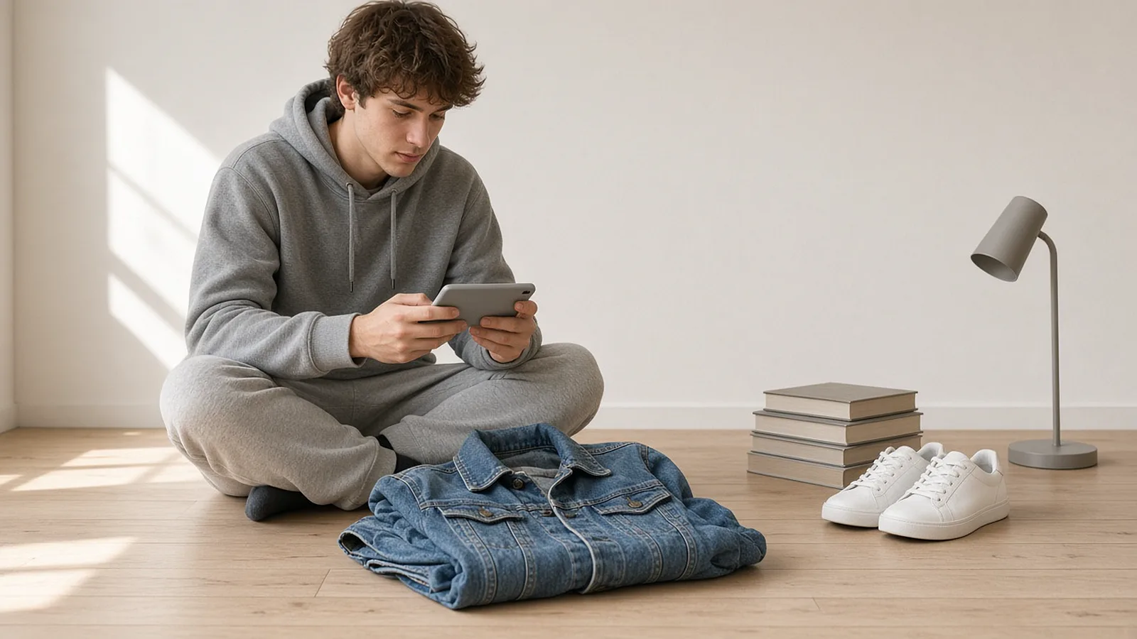 Young man on a sunlit floor photographing a folded jacket with his phone beside books, trainers and a lamp