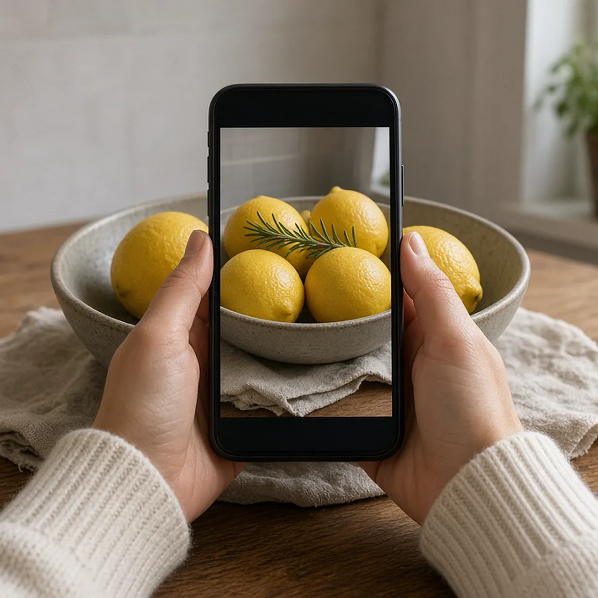 Hands holding a phone in front of a bowl of lemons, the screen framing the same lemons and rosemary on a linen cloth