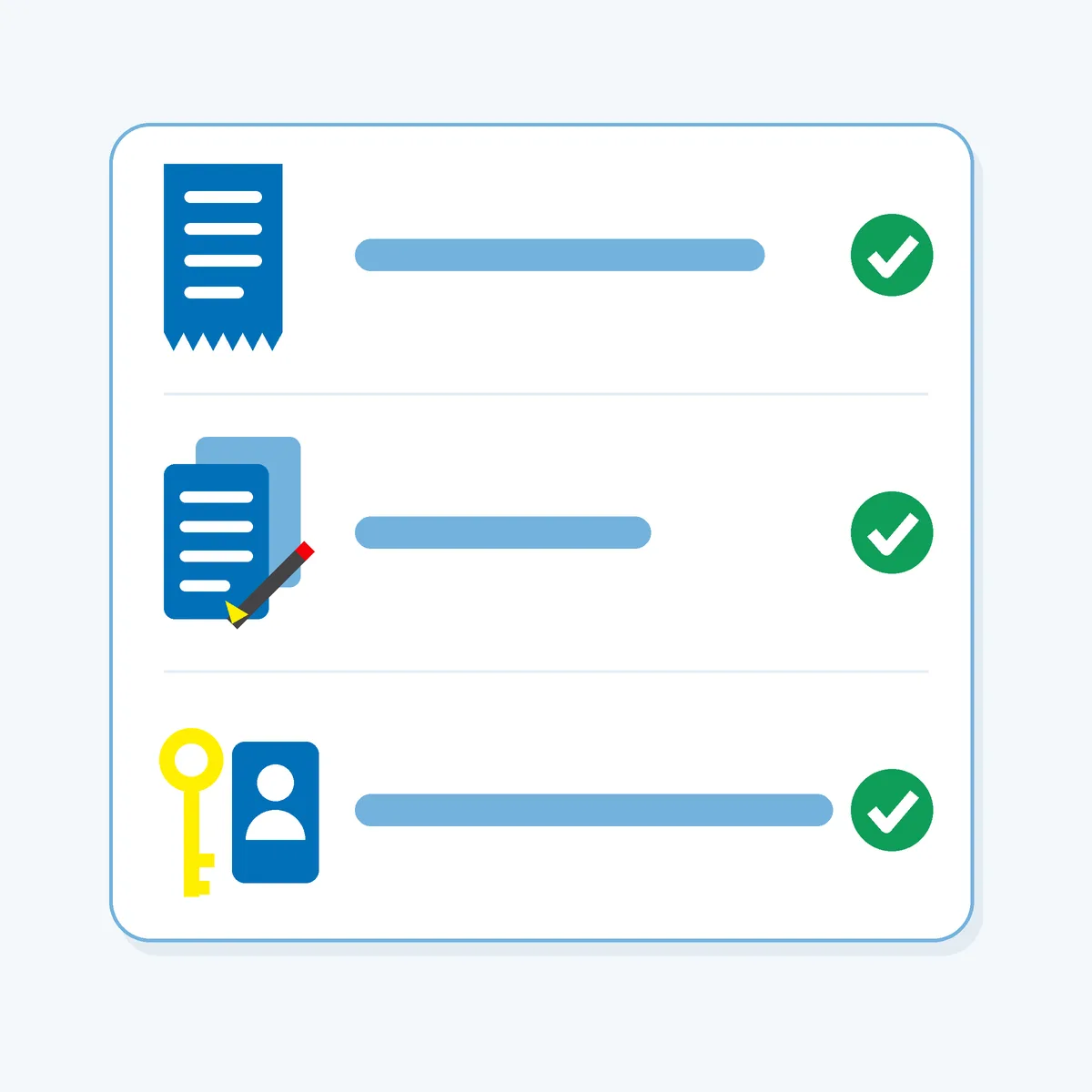 Abstract checklist card with three ticked rows showing a receipt, two documents with a pen, and a key with a person badge