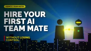 Bold graphic of a human and a robot team mate shaking hands under a city skyline: hire your first AI team mate