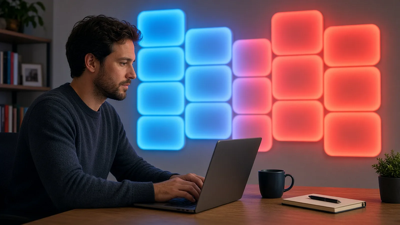 A man works on his laptop at a tidy home desk