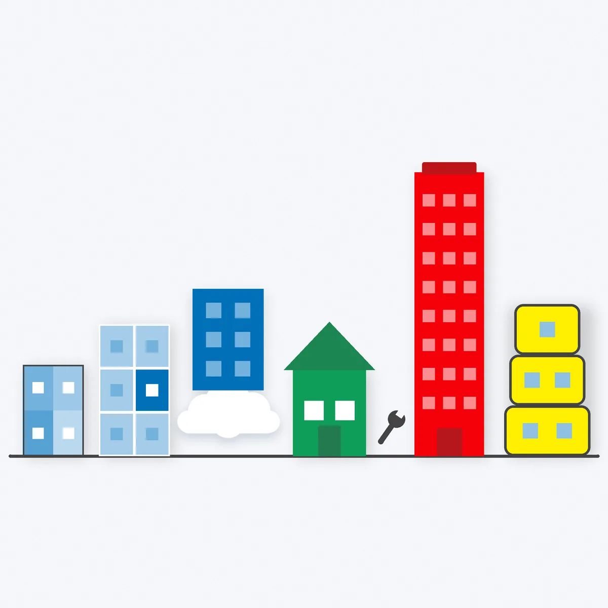 Six simple buildings of rising size, one on a cloud, showing different kinds of web hosting
