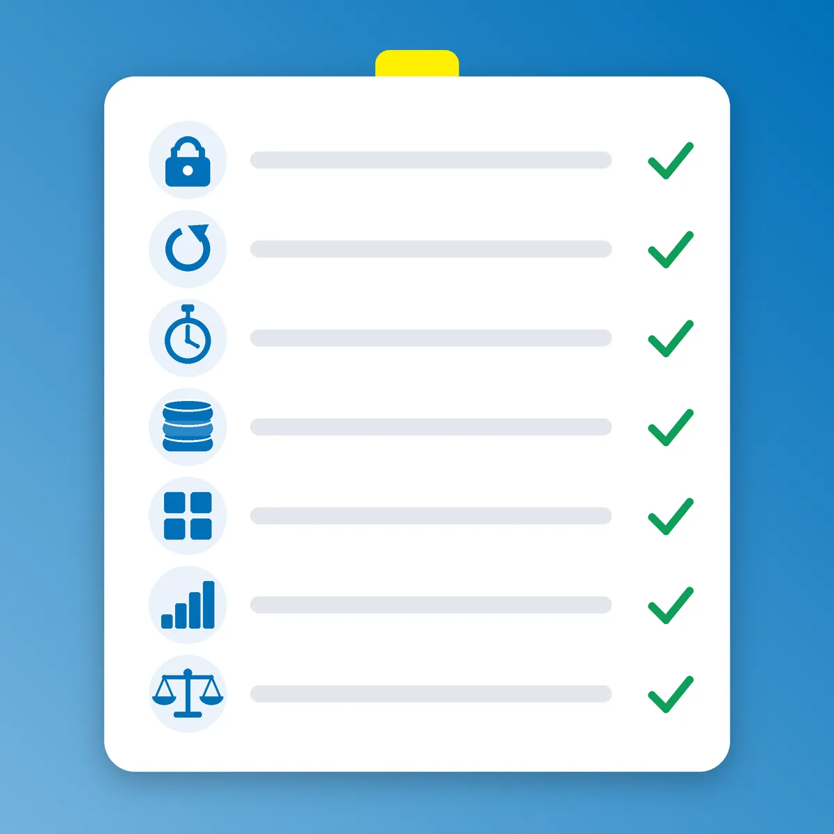 A white checklist card with seven ticked icons, including a padlock, stopwatch and stacked discs