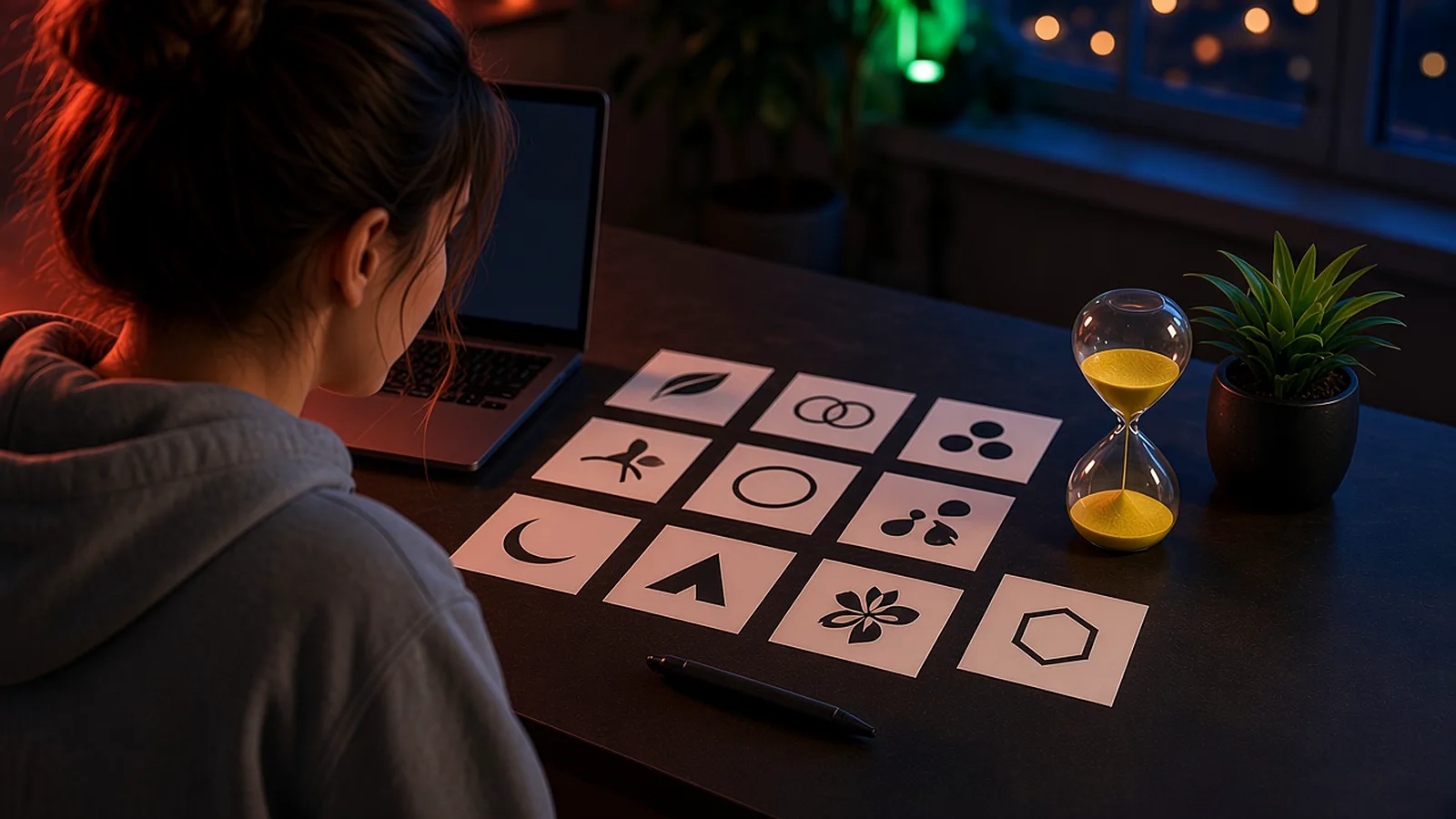 A woman at a home-office desk looks over a grid of abstract logo sketches beside a laptop, hourglass and marker