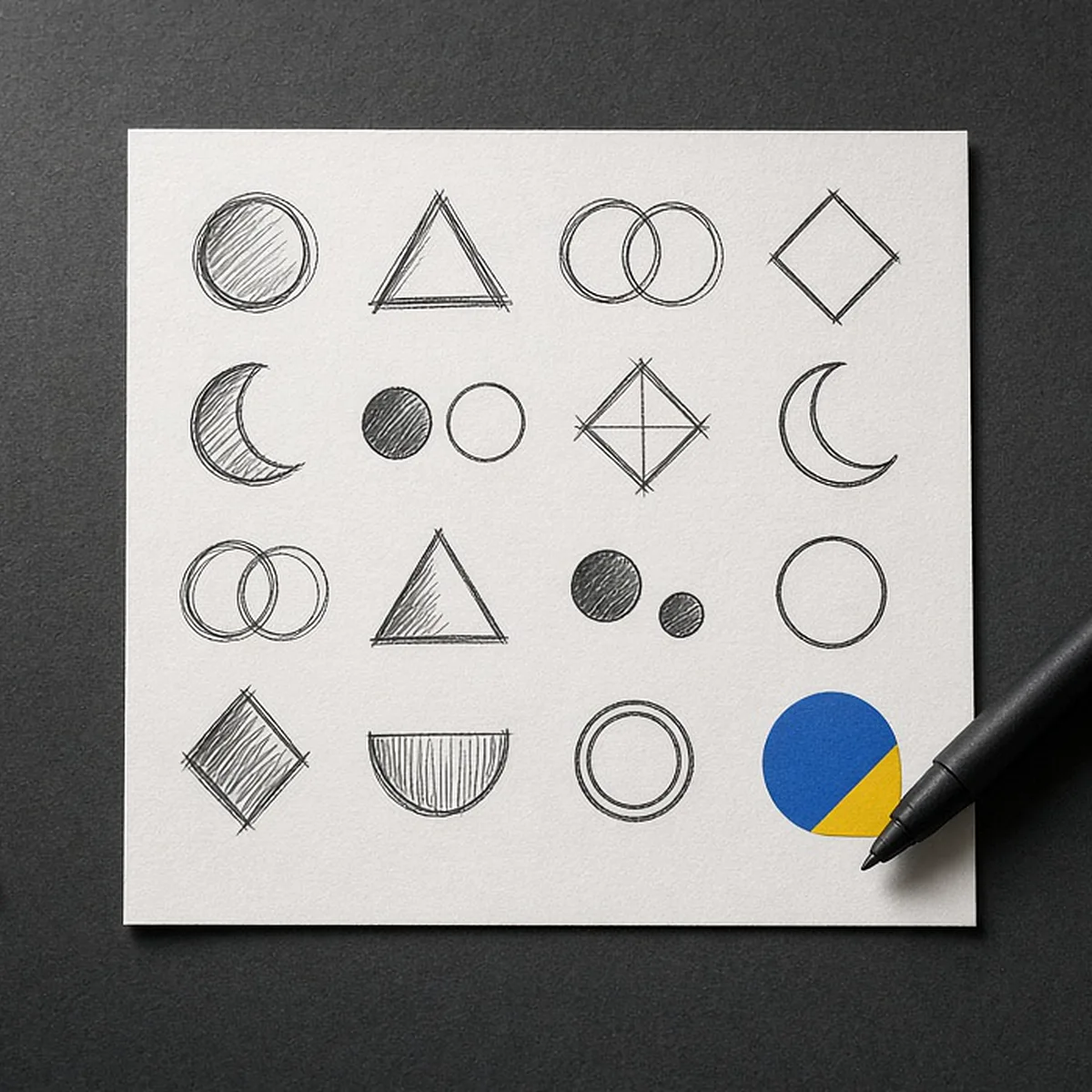 Black marker sketches of simple shapes on white paper, with one clean blue and yellow mark finished in the corner