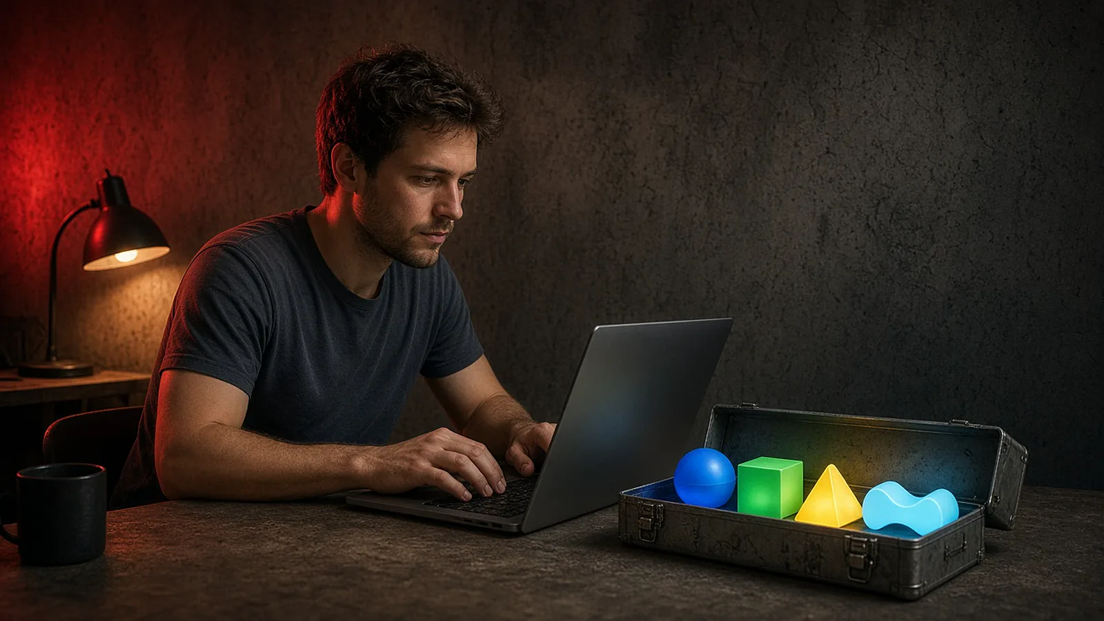 A man at a home desk looks at his laptop beside an open toolbox holding four glowing simple shapes