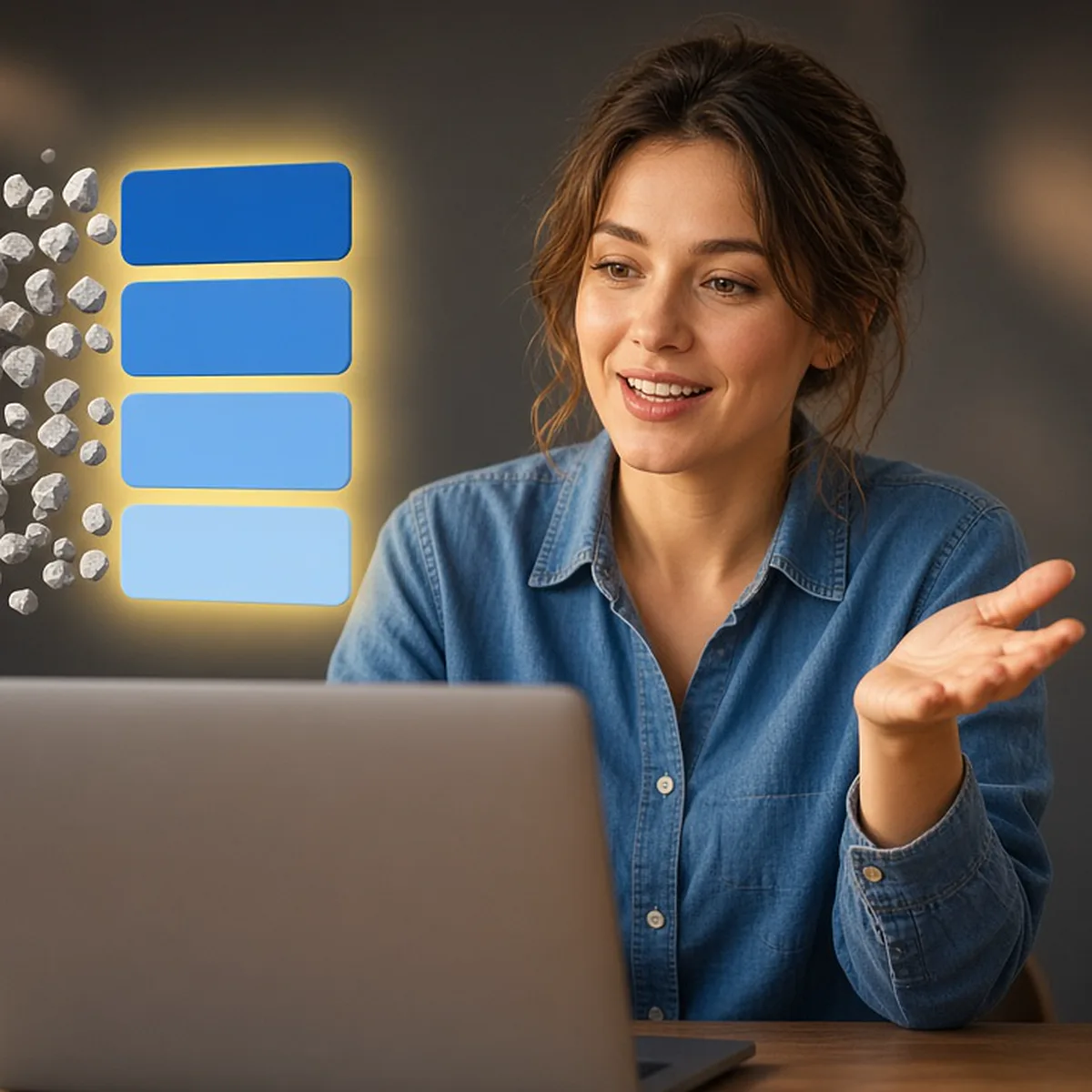 A woman at a desk talks through an idea while a cloud of grey shapes turns into neat blue blocks above her laptop