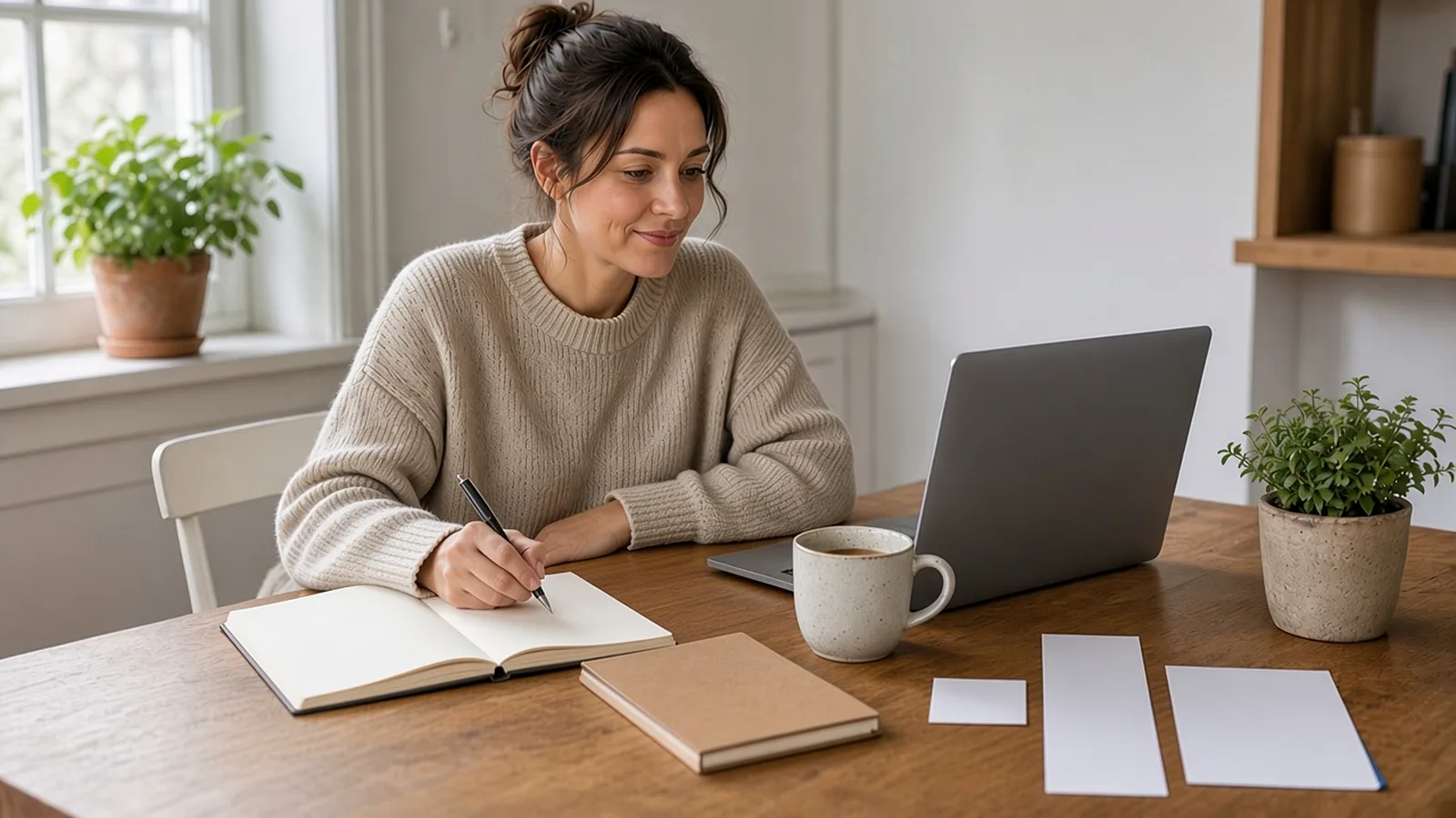 Woman writing on the right page of an open notebook beside a laptop, with blank square, tall and flyer proofs face-down