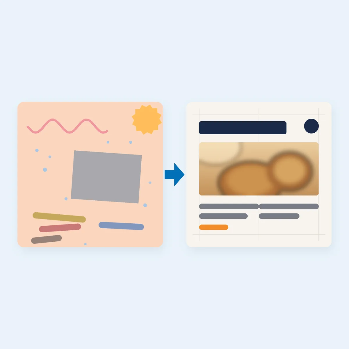 Before-and-after graphic of a busy peach template with squiggles turned into a clean navy, off-white and orange layout