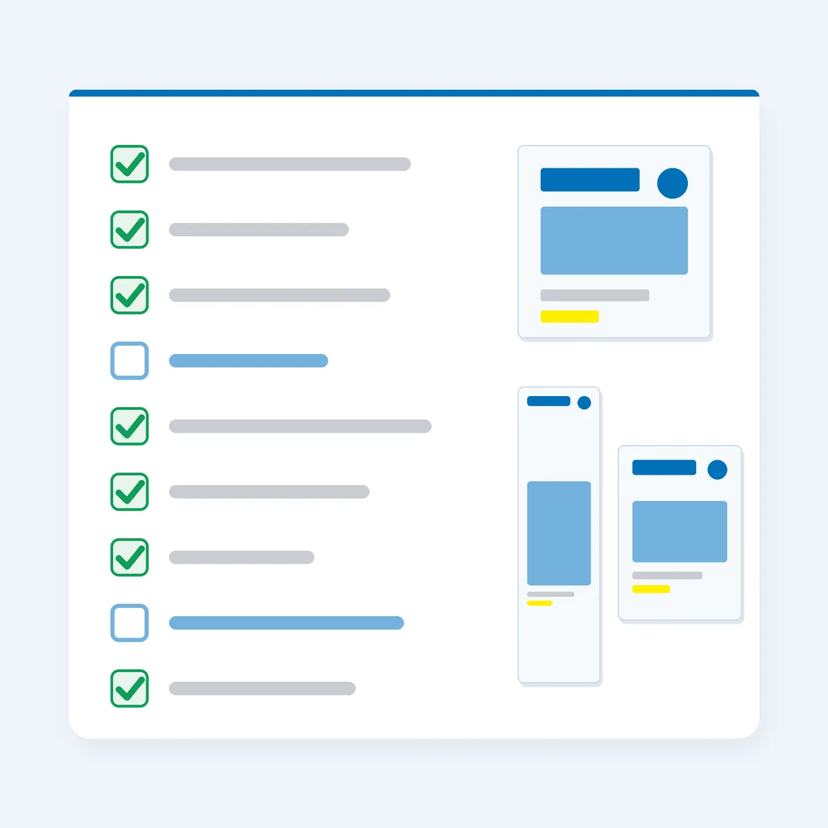 Checklist card with nine rows, seven green ticks and two open boxes, beside matching square, tall and flyer-shaped thumbnails
