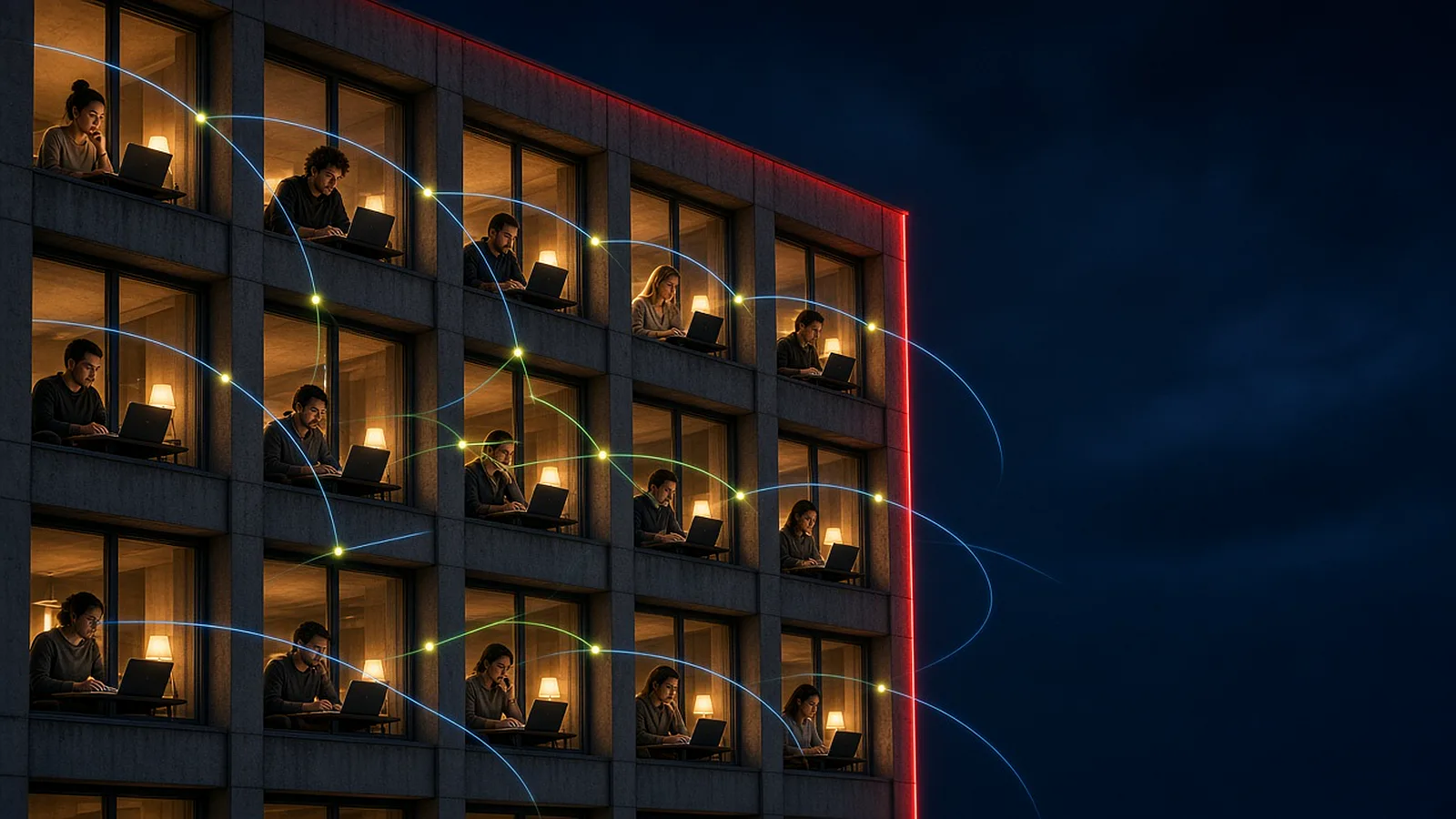 Rows of lit home-office windows at night, each with a person at a laptop, joined by thin glowing lines of light