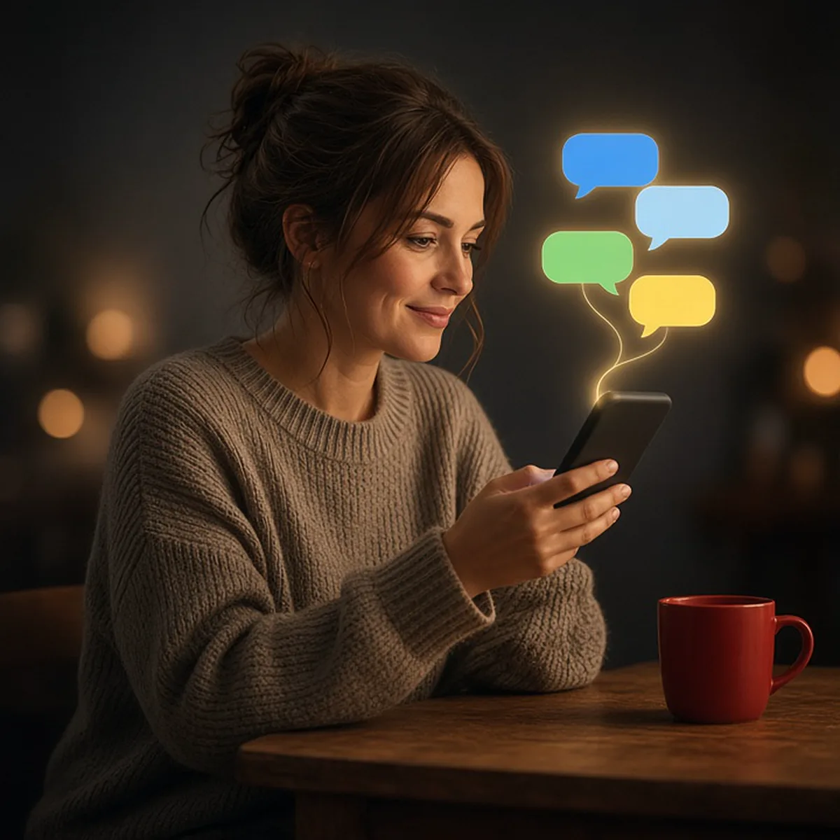 A woman at a desk holds a phone towards herself and types, with simple blank speech bubbles rising and linking above
