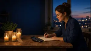 A woman at a wooden workbench at night writes in a notebook beside a calculator and three handmade candles, pricing her first product