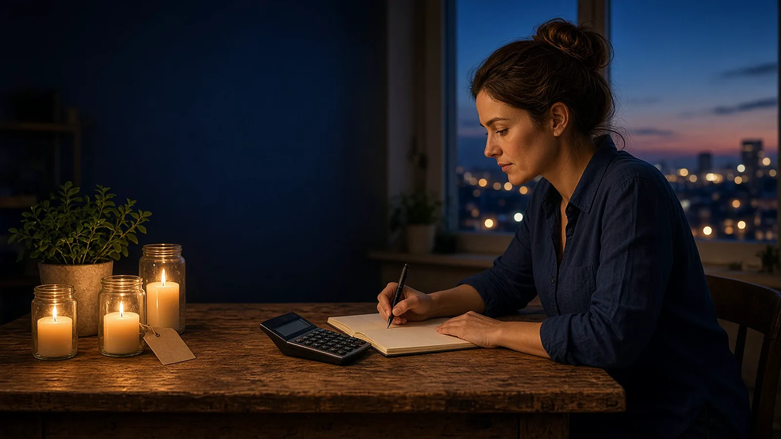 A woman at a wooden workbench at night writes in a notebook beside a calculator and three handmade candles, pricing her first product