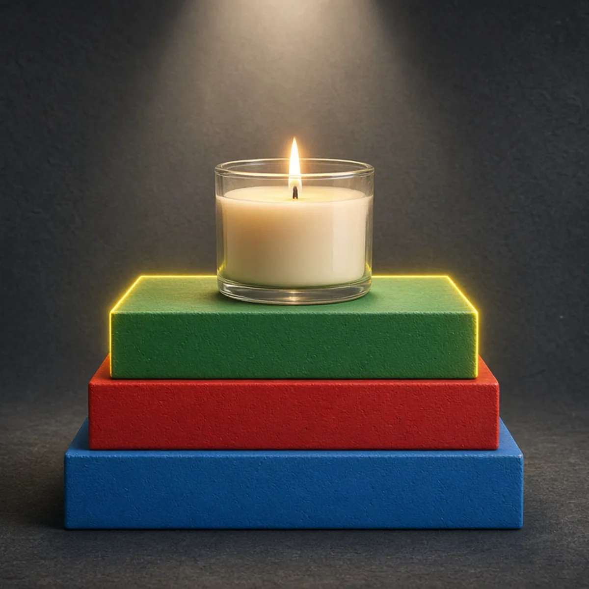 Three colourful stacked blocks form a solid floor under a candle, showing materials, time and overhead as one cost base