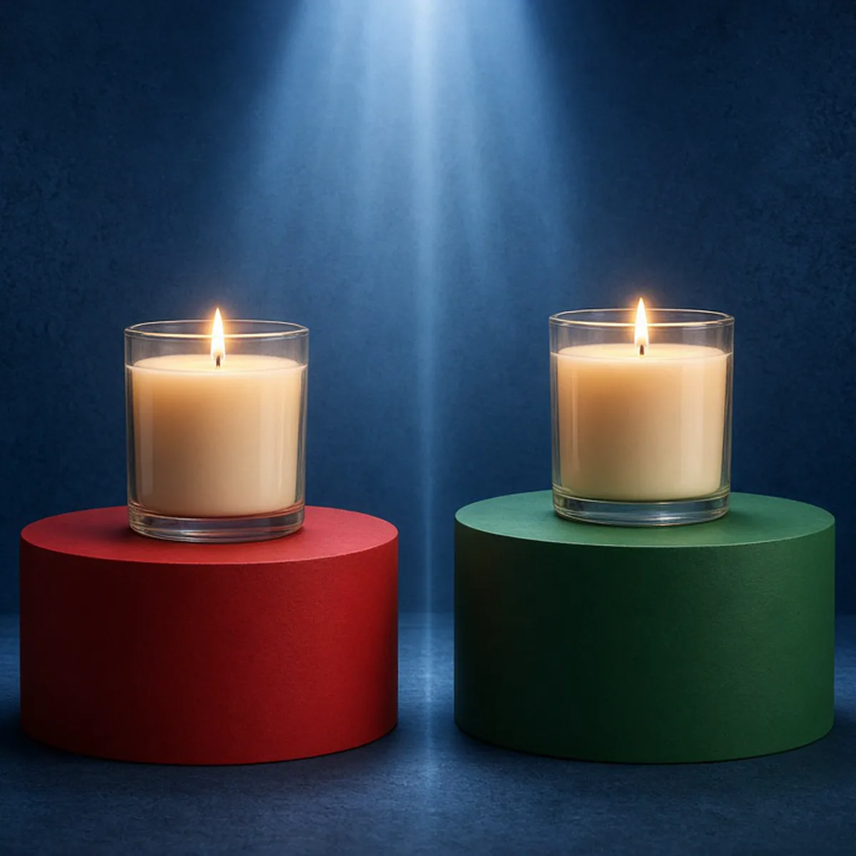 Two identical candles on slightly different pedestals under one spotlight, picturing a simple two-price test