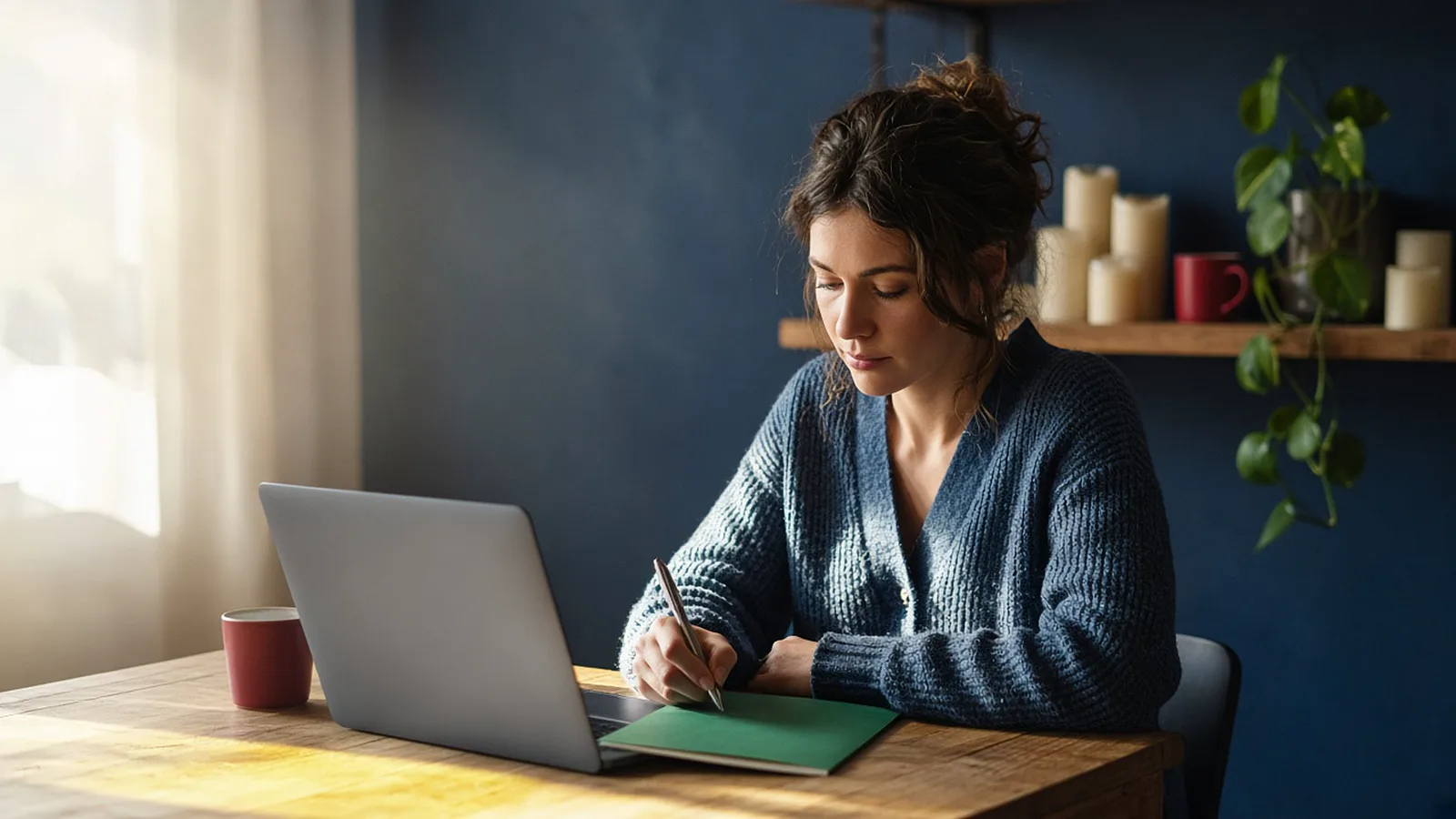 A woman at her kitchen table works on her laptop, pen in hand, beside a green folder