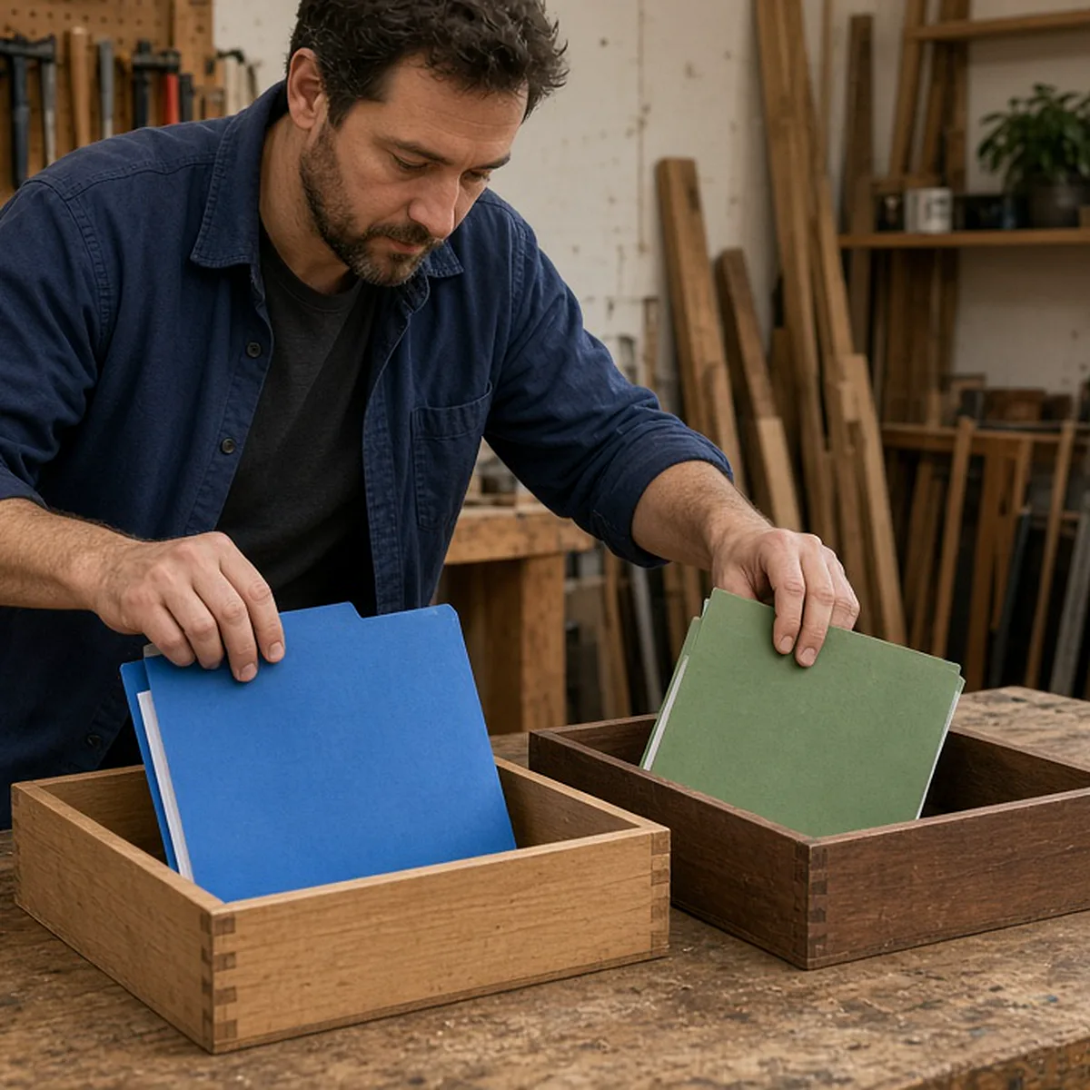 A craftsman in his workshop sliding a blank blue folder and a blank green folder into two wooden trays.