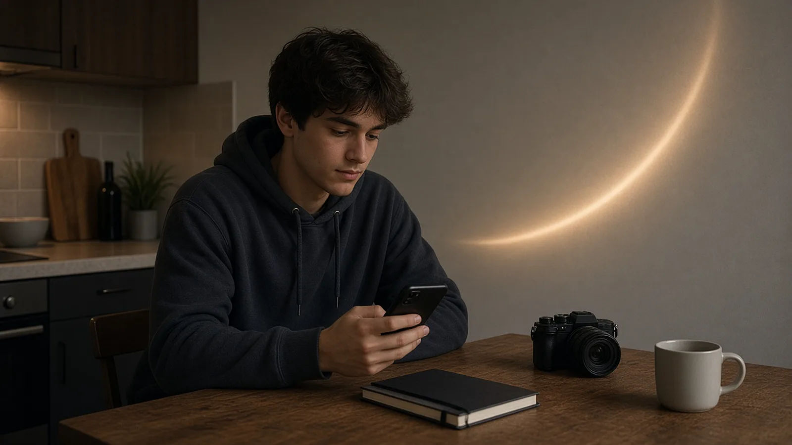 A young man at a kitchen table with his phone, a notebook and a camera, ready to start