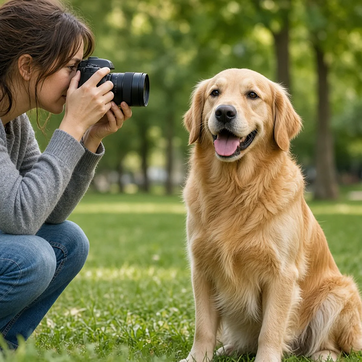 Woman looking through a camera viewfinder, lens aimed at a smiling golden retriever in a park