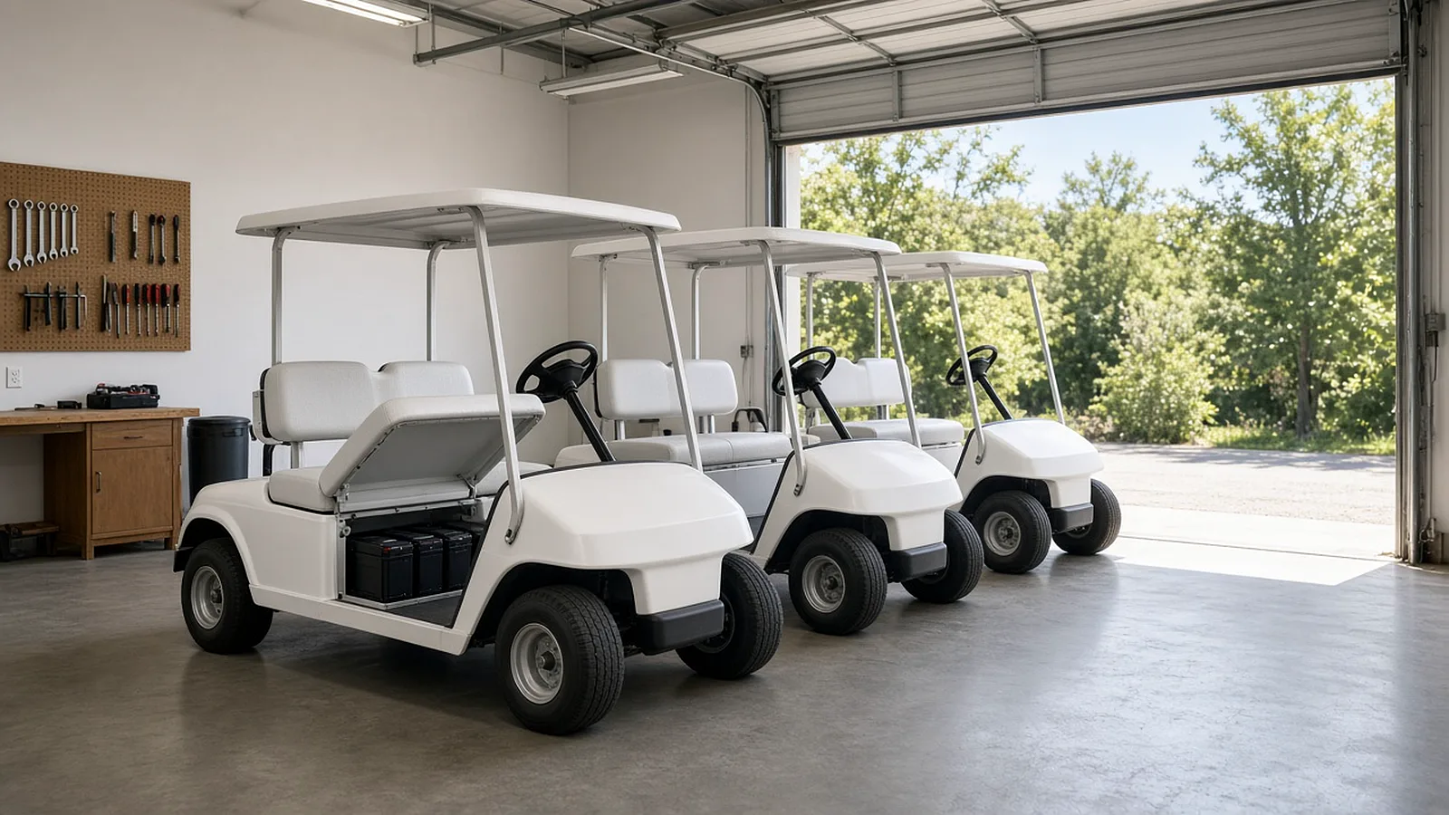 Three white golf carts parked in a bright workshop, the nearest with its seat lifted to show the batteries