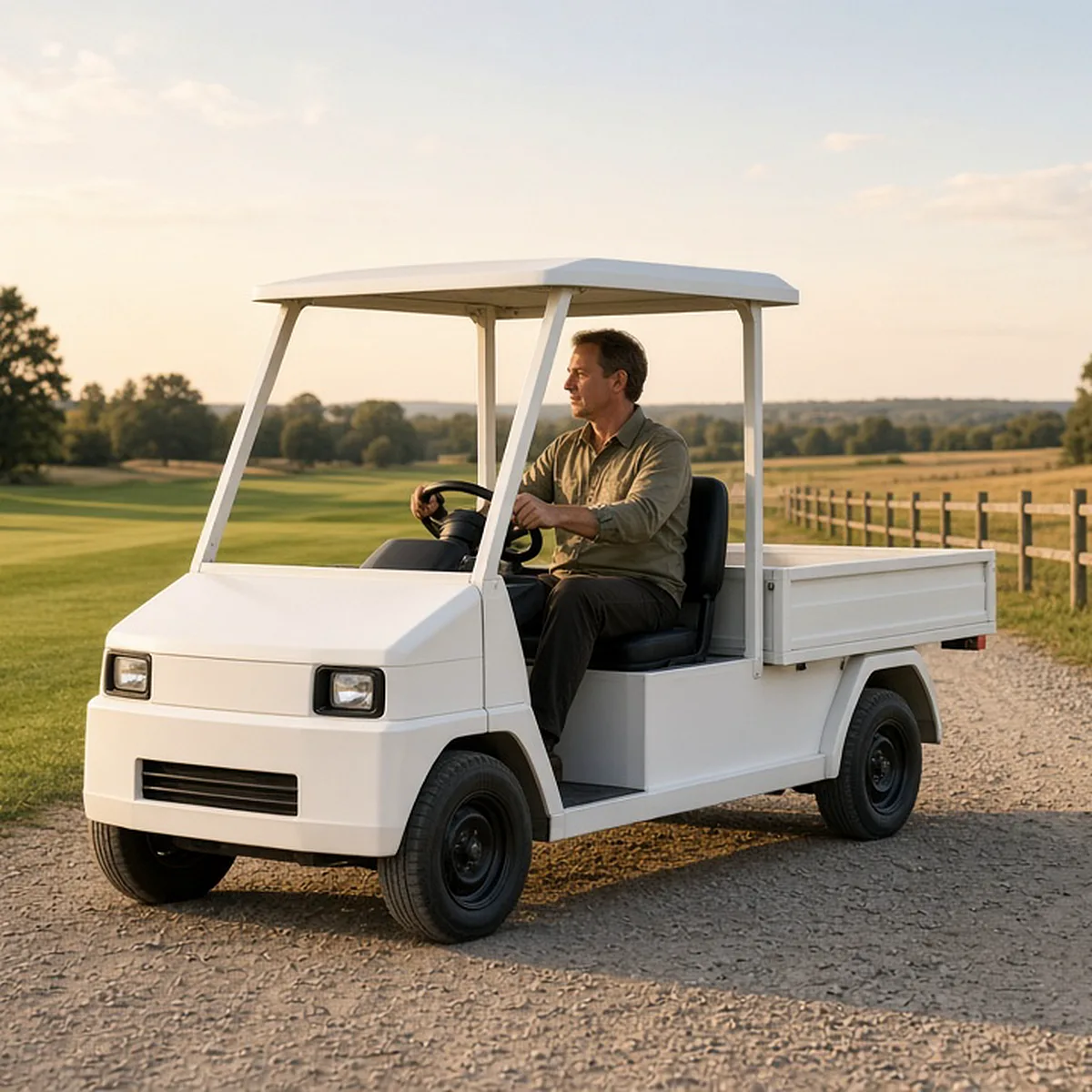 Man driving a white electric utility vehicle with a cargo bed on a gravel path between a fairway and a farm fence