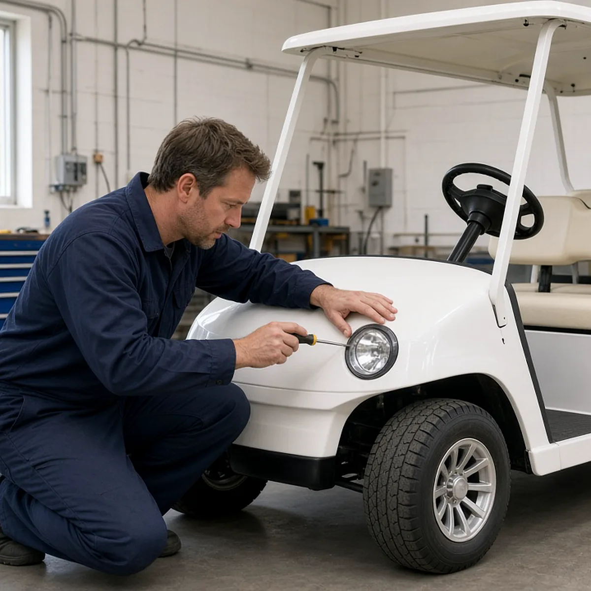Technician in navy overalls adjusting a golf cart headlamp with a screwdriver while steadying the bodywork