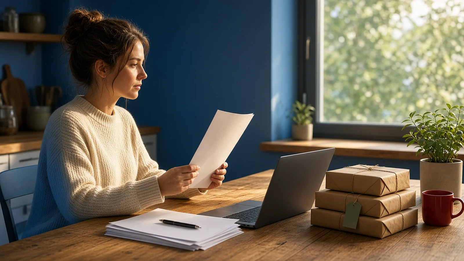 A woman at a kitchen table reads through her paperwork beside packed parcels that are ready to ship